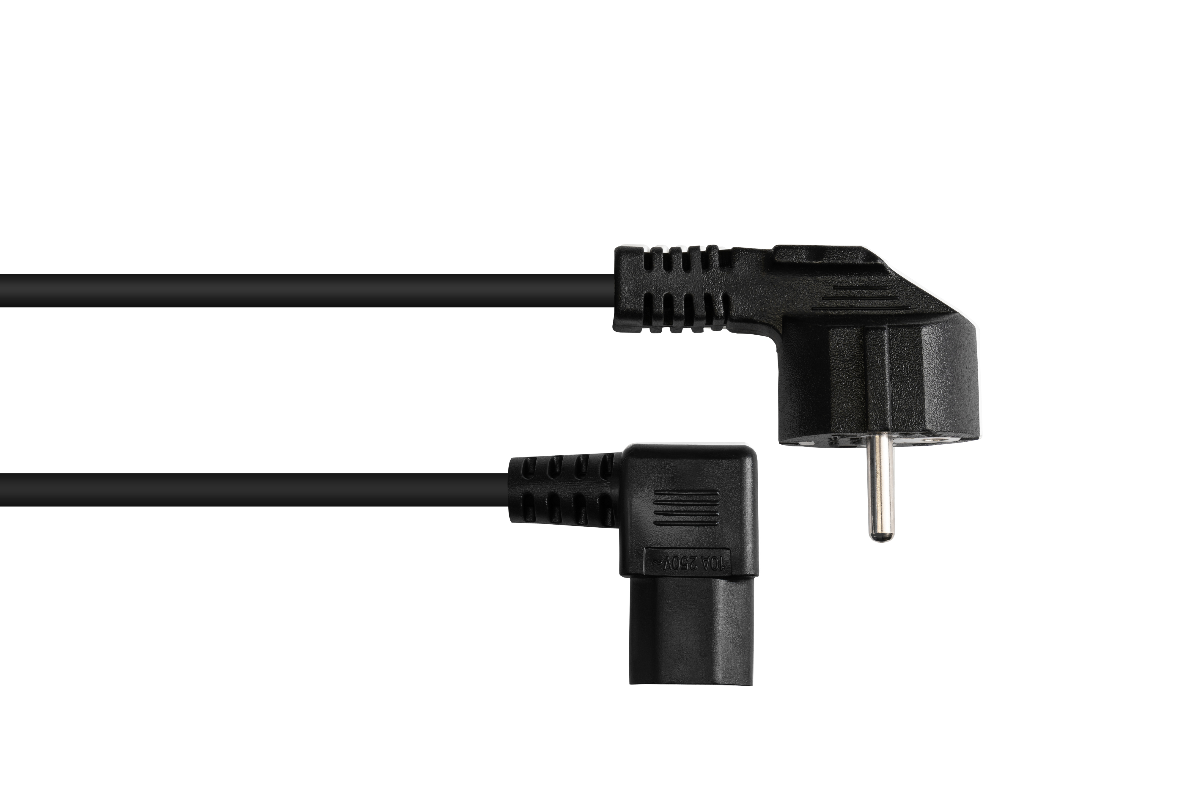 Ein schwarzes Netzkabel mit rechtwinkligem Stecker und Anschluss, auf weißem Hintergrund.