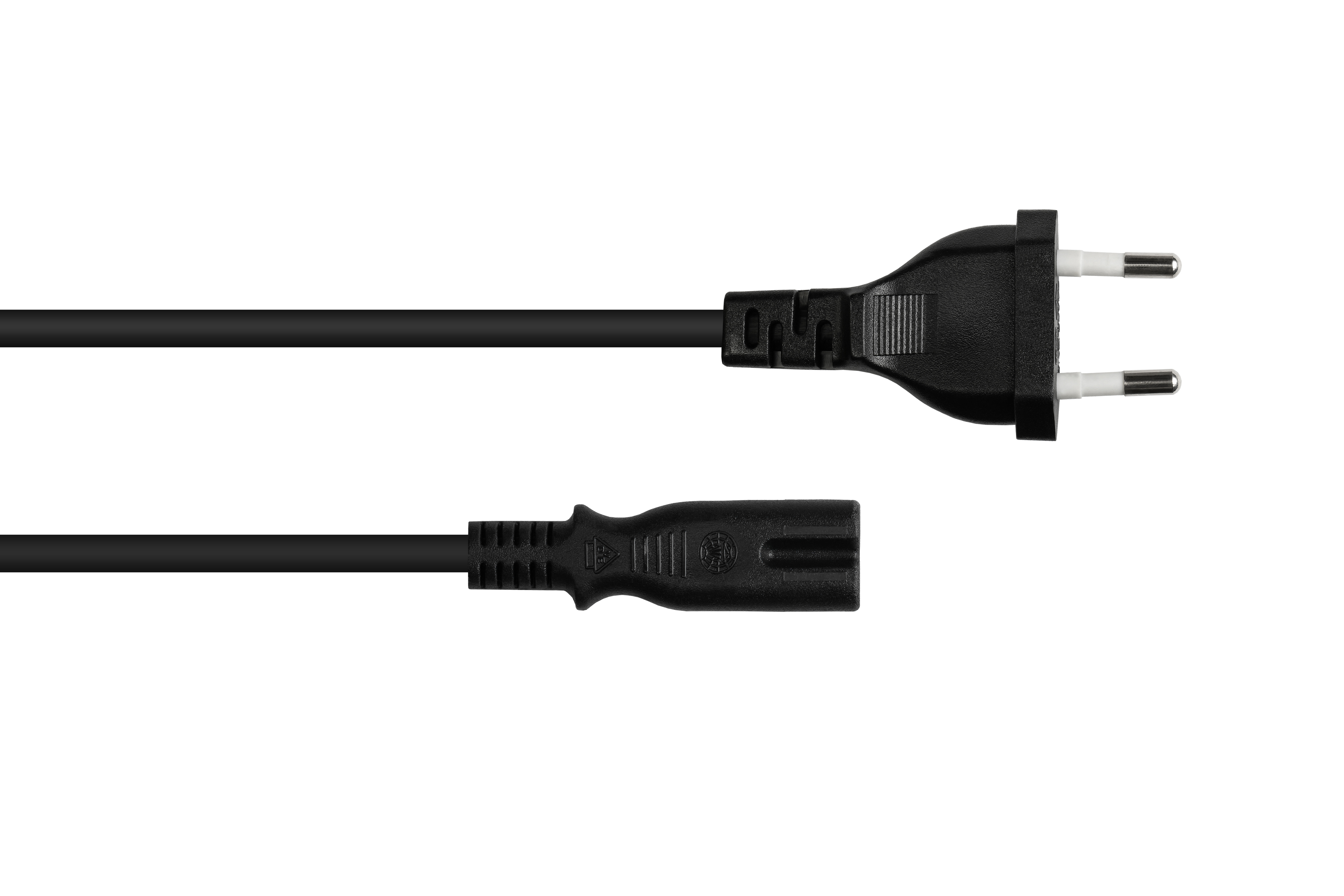Schwarzes Netzkabel mit EU-Stecker an einem Ende und einer Acht-Buchse am anderen. Weißer Hintergrund.