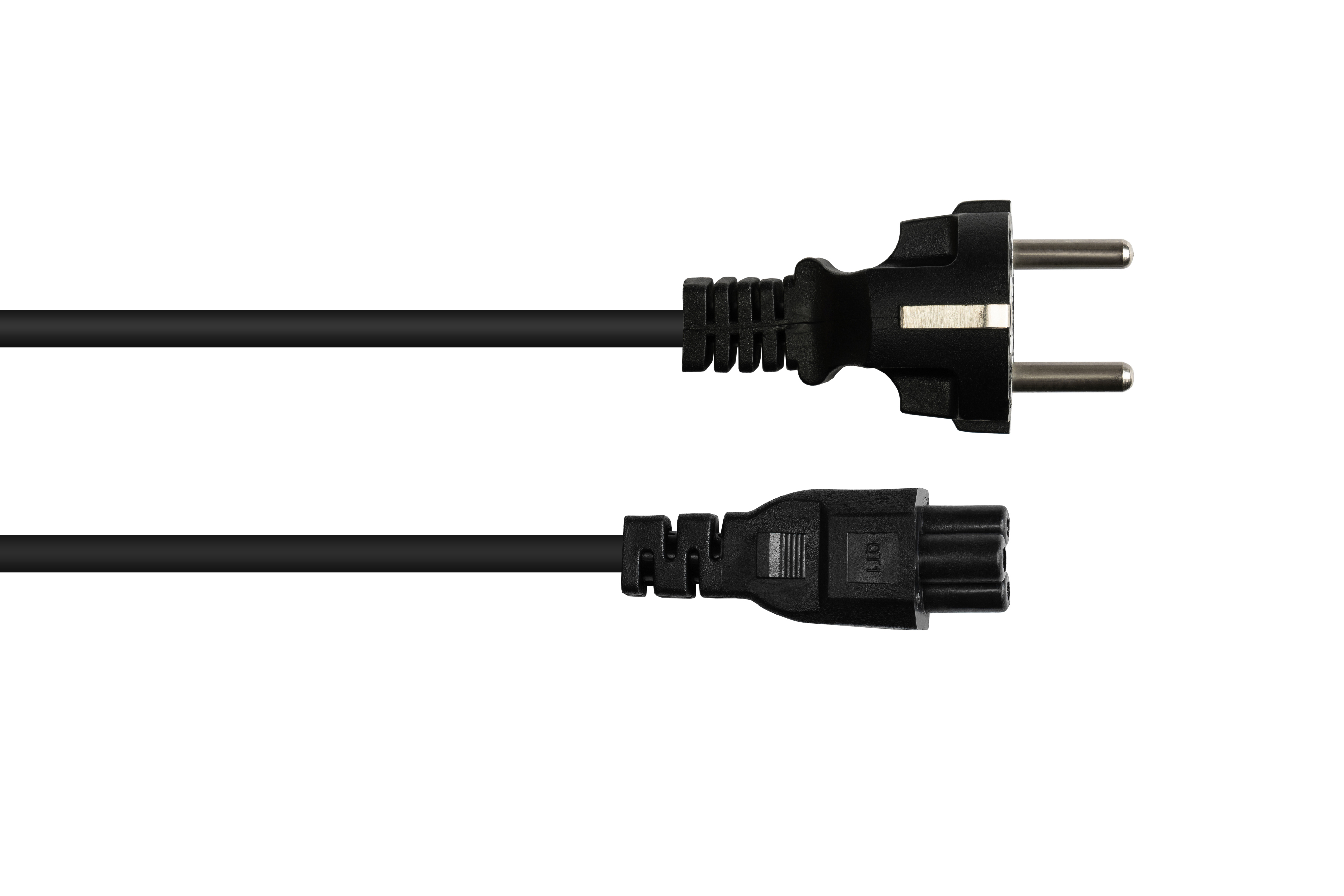 Schwarzes Netzkabel mit europäischem Stecker und Computeranschluss, isoliert auf Weiß.