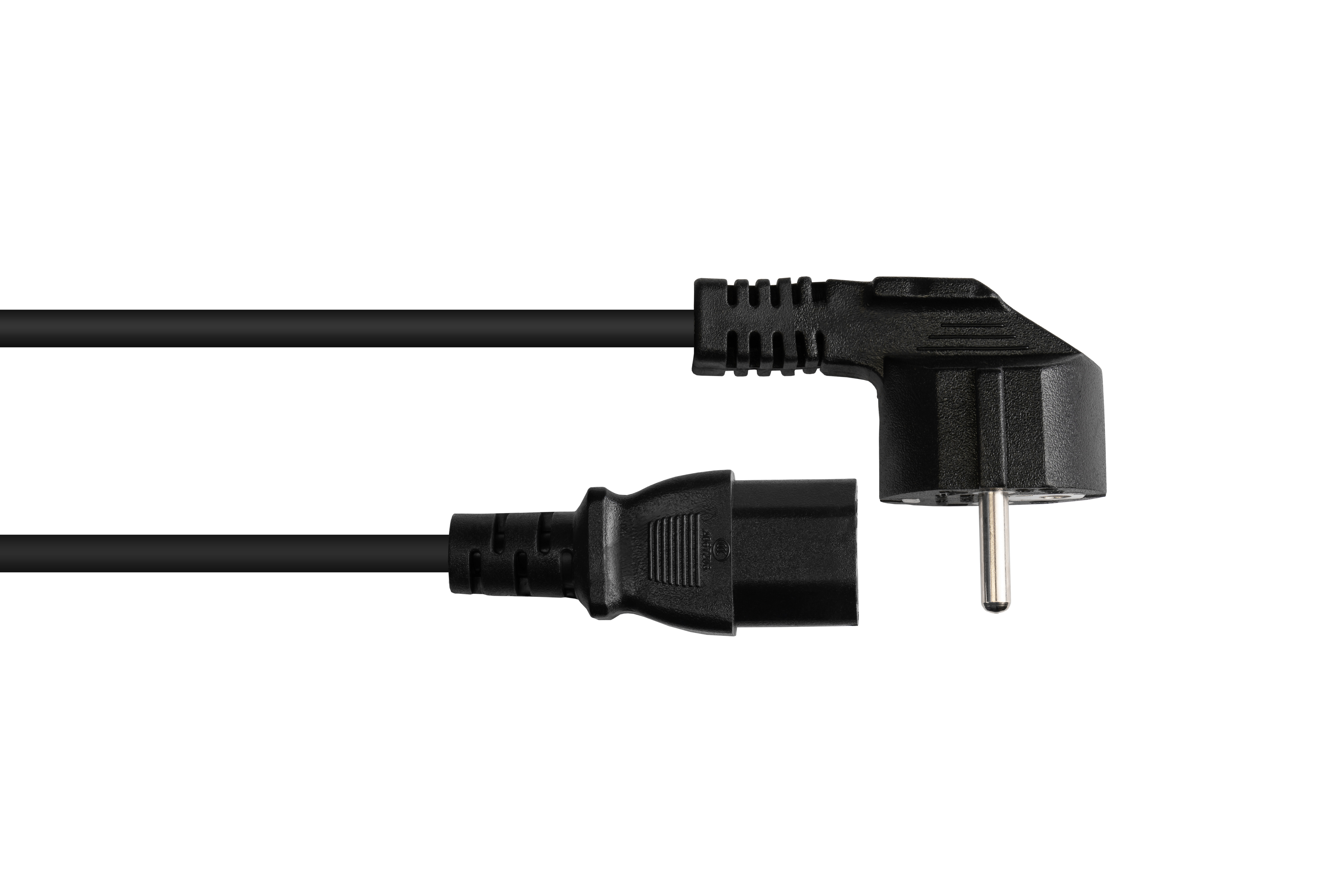 Schwarzes Netzkabel mit Stecker und Anschluss. Weißer Hintergrund.