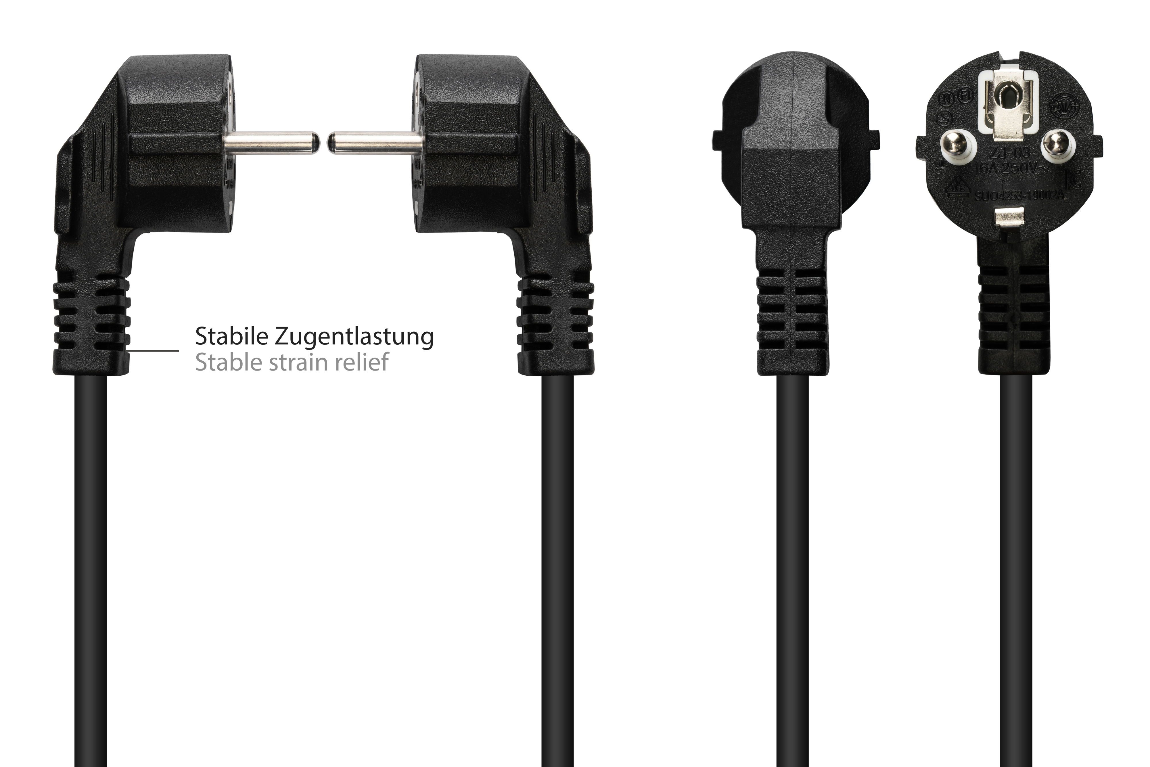 Schwarze Netzkabelstecker mit Text: Stabile Zugentlastung.