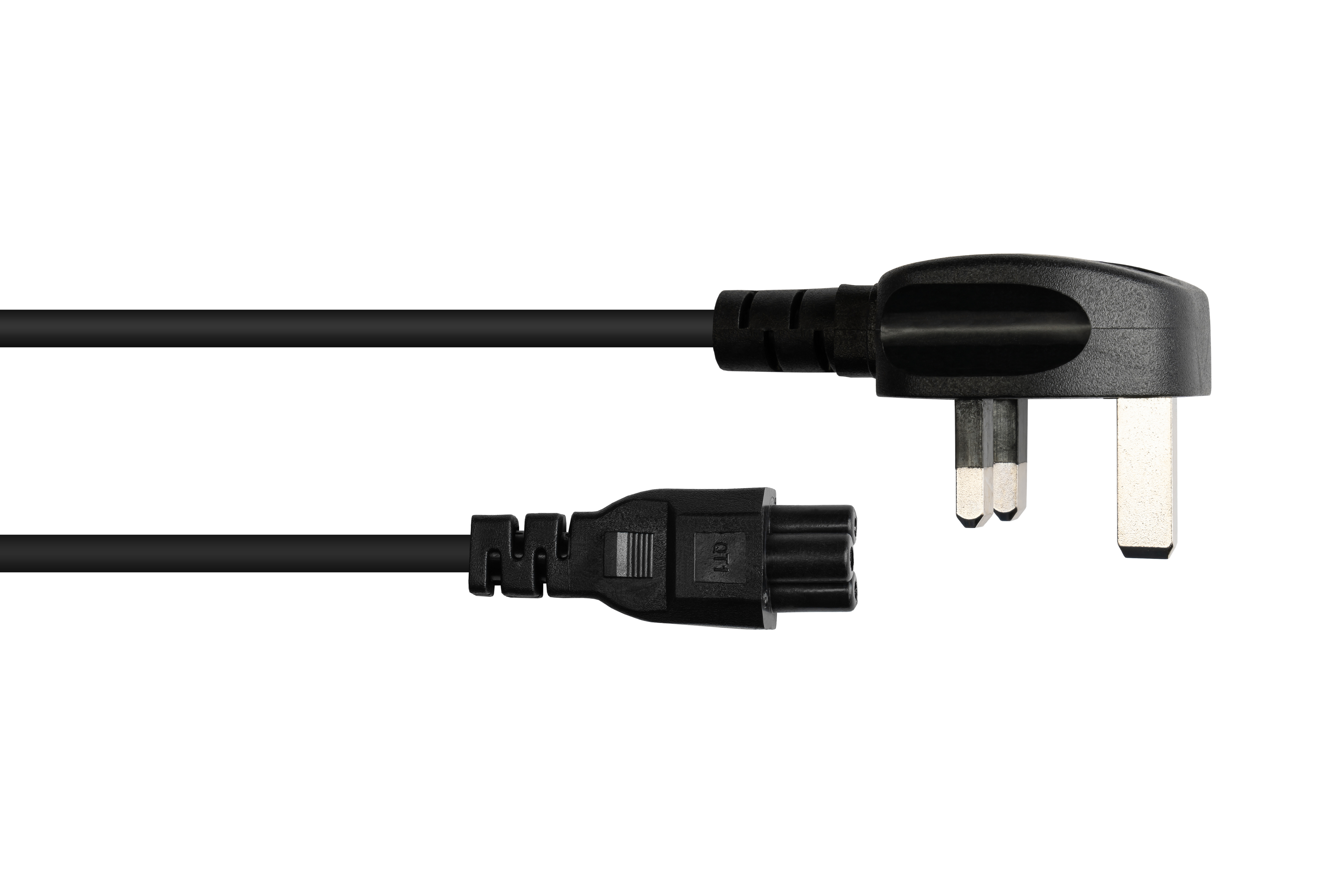 Schwarzes Netzkabel mit UK-Stecker und C7-Anschluss.