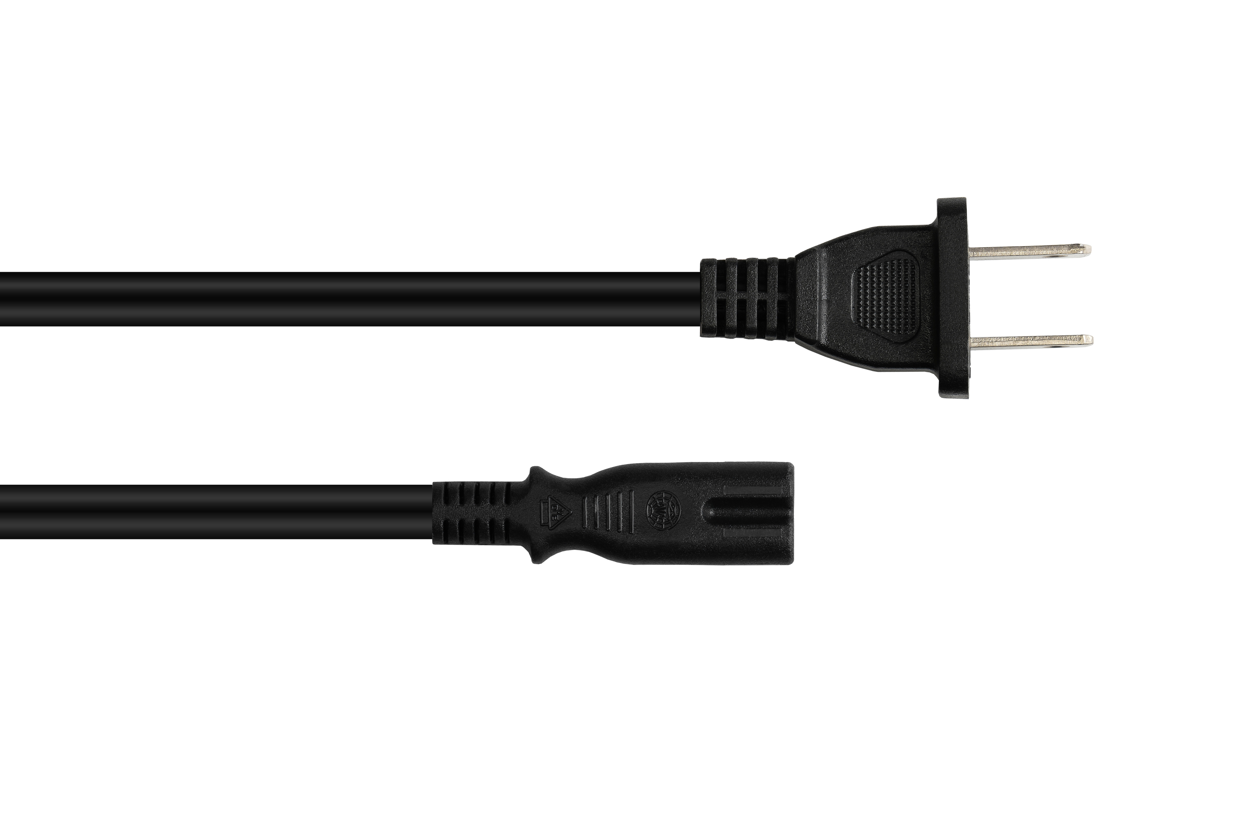 Schwarzes Netzkabel mit US-Stecker und kleinem Stecker auf weißem Hintergrund.