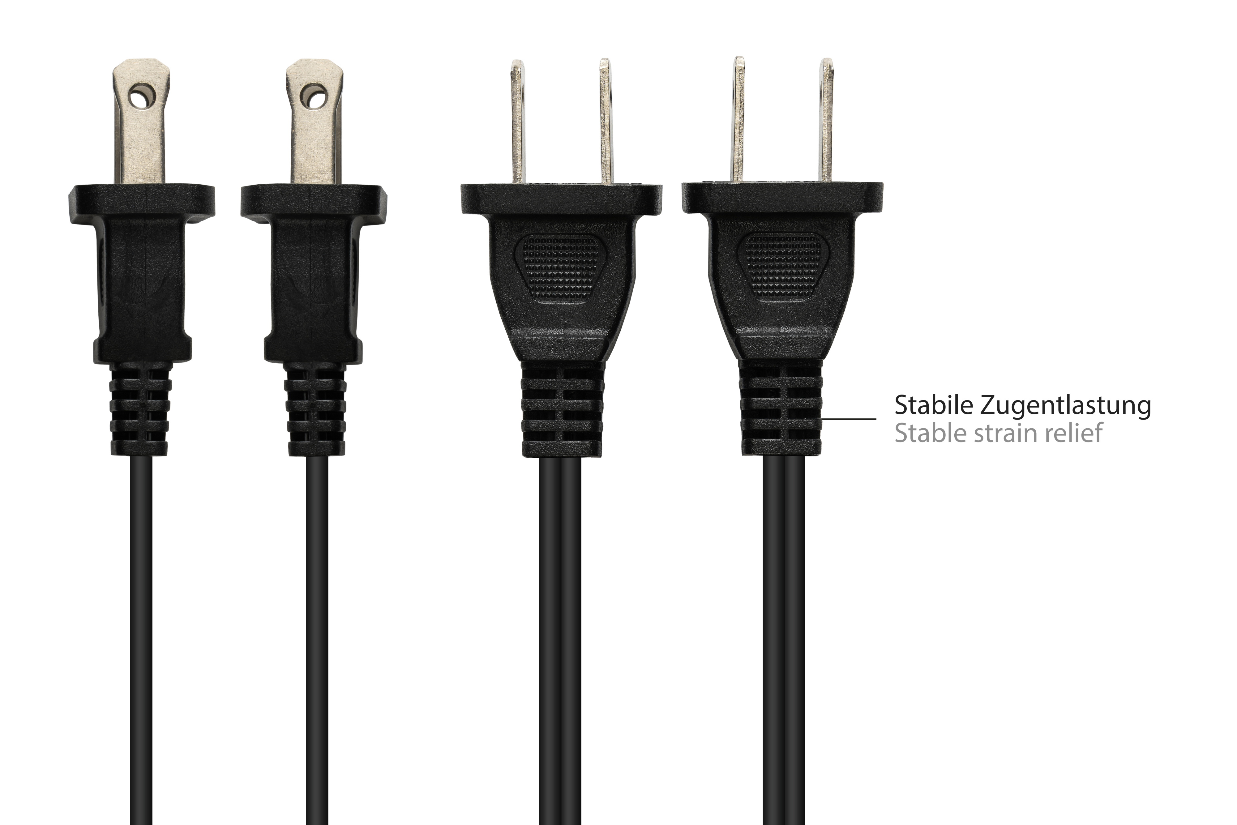Vier schwarze elektrische Stecker mit jeweils zwei Zinken. Schwarze Kabel auf weißem Hintergrund.