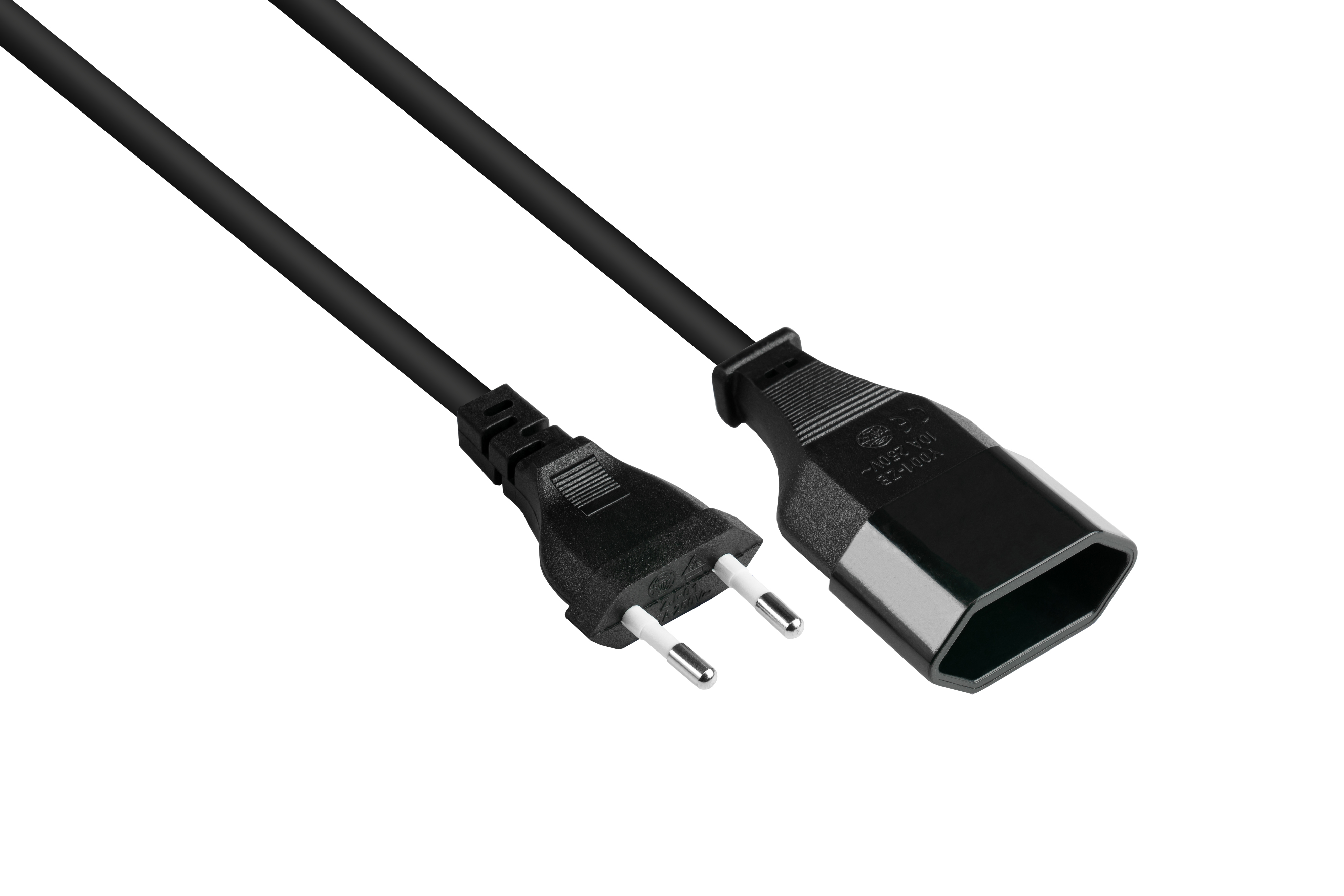 Schwarzes Netzkabel mit Zweipolstecker und Buchse, beides schwarz.