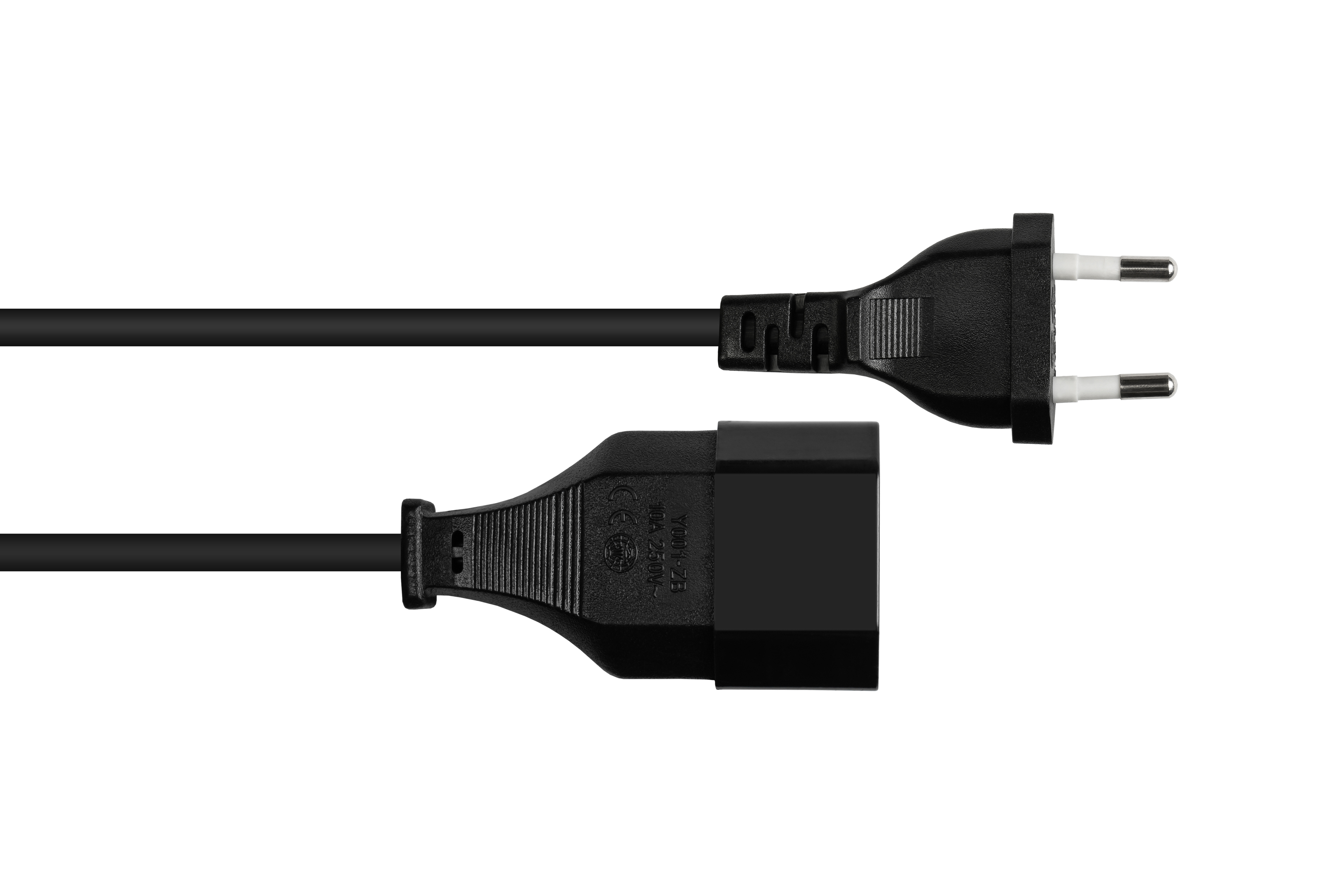 Schwarzes Netzkabel mit zwei Steckern, einer für die Wand und einer für das Gerät.