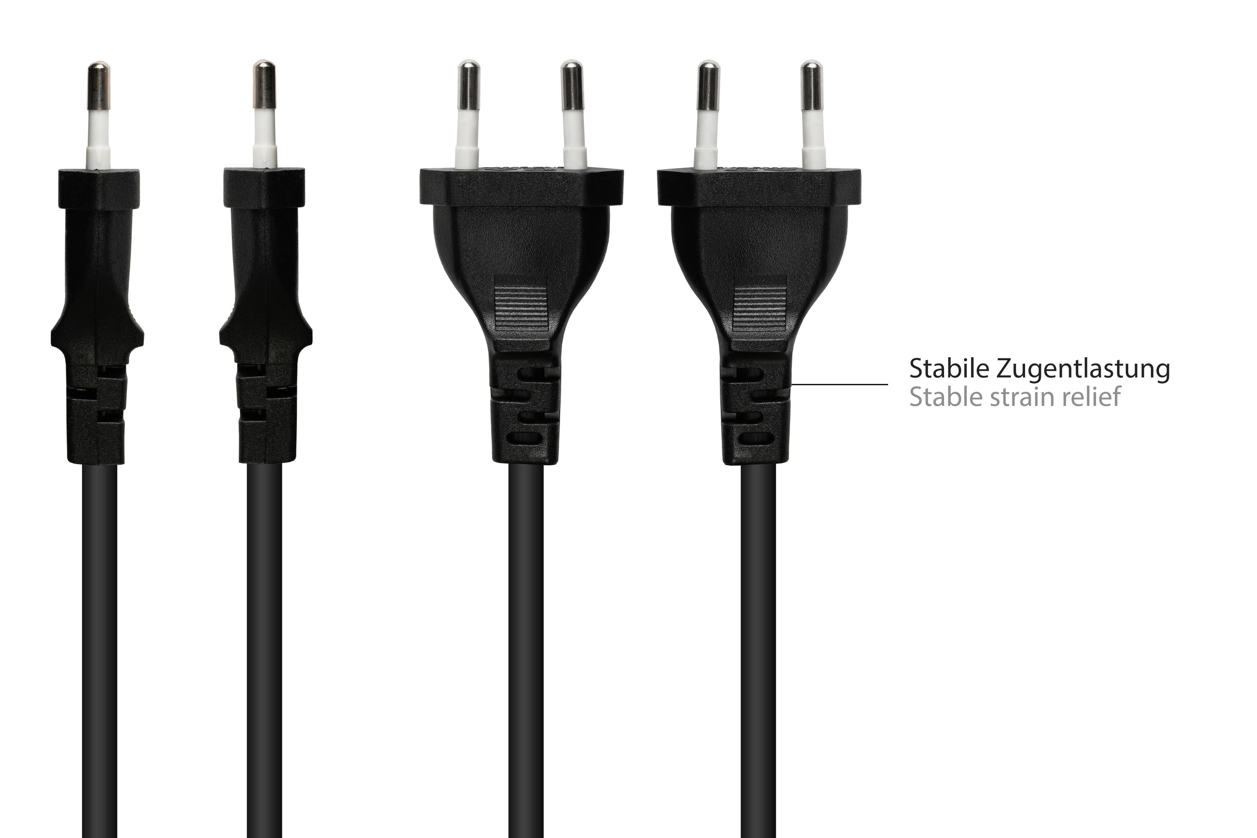 Drei schwarze Netzkabel mit Steckern. Text auf der rechten Seite zeigt die Zugentlastung.