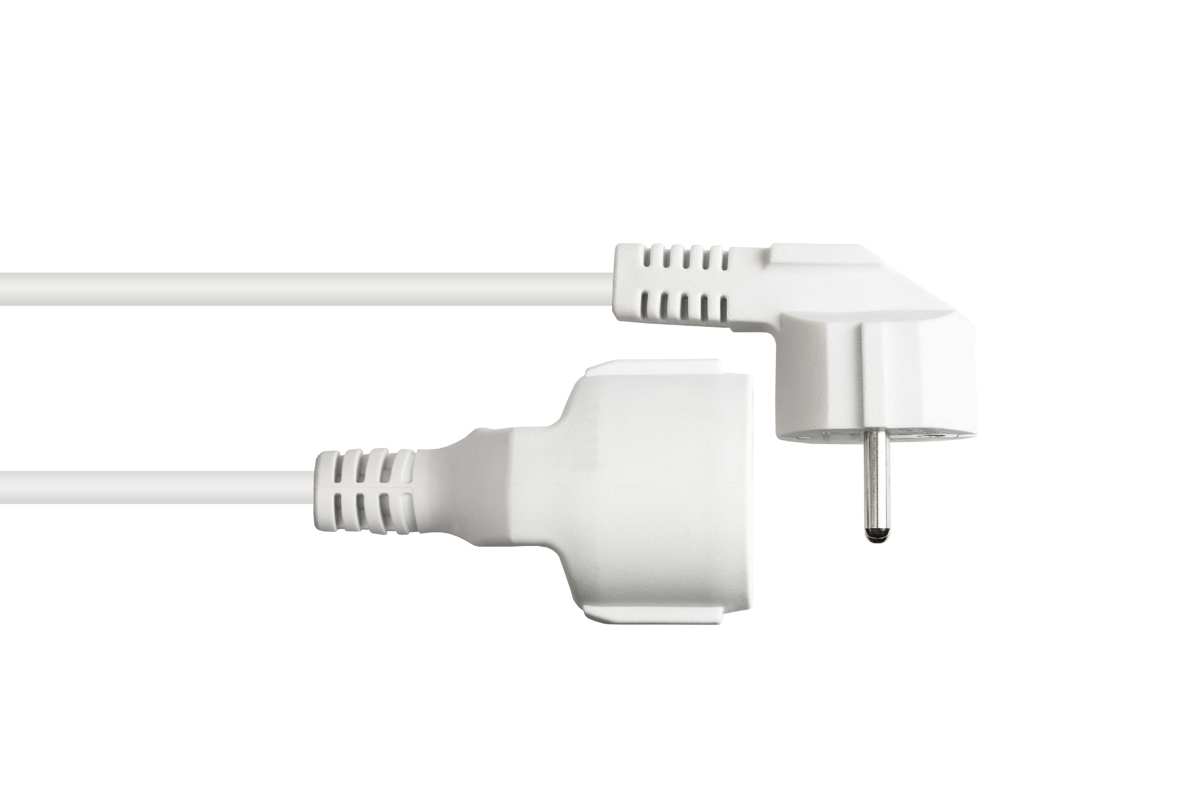 Weißes Netzkabel mit L-förmigem Stecker und Buchse, auf weißem Hintergrund.