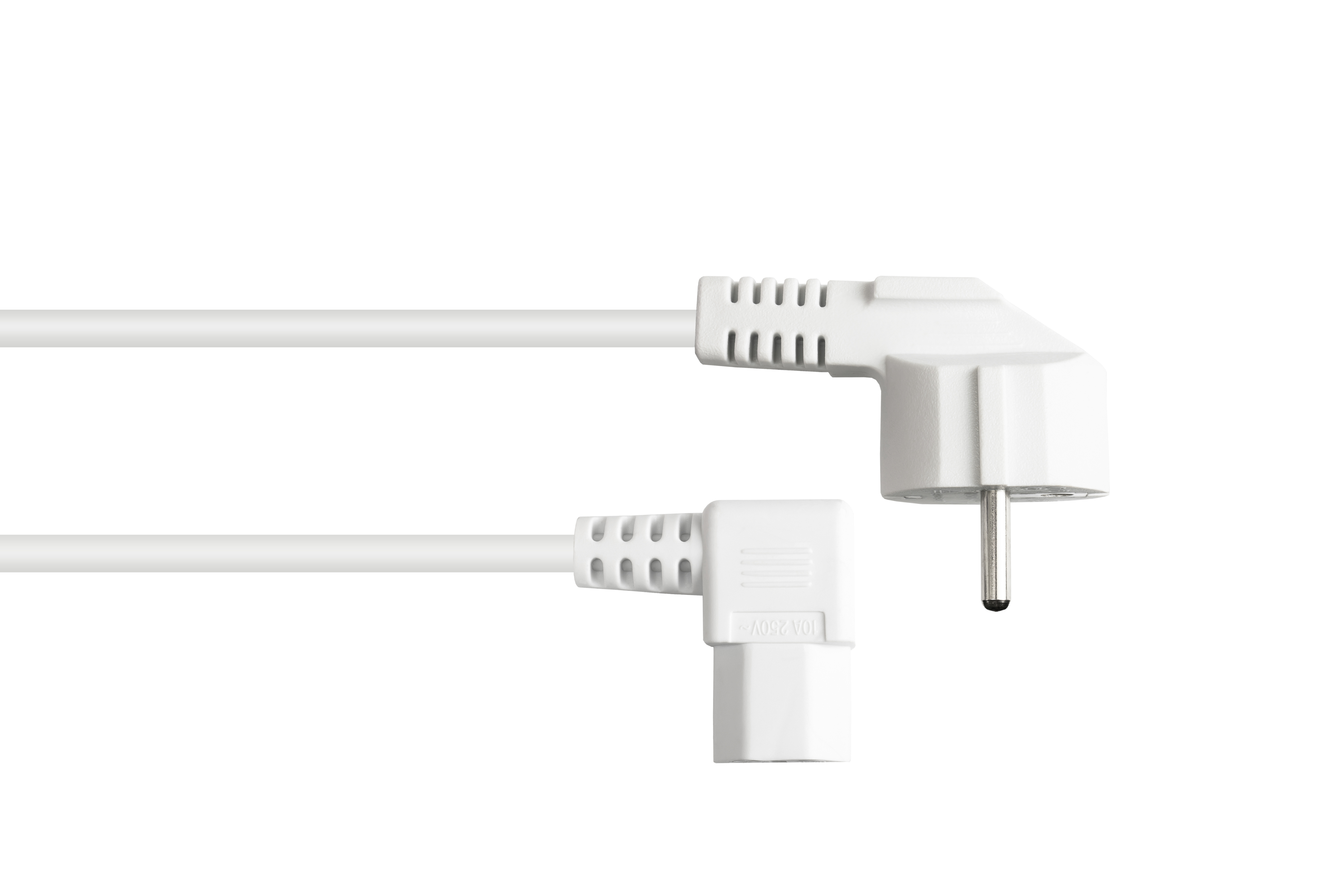 Weiße, abgewinkelte Netzstecker, mit CEE 7/7-Stecker, auf weißem Hintergrund, Seitenansicht.