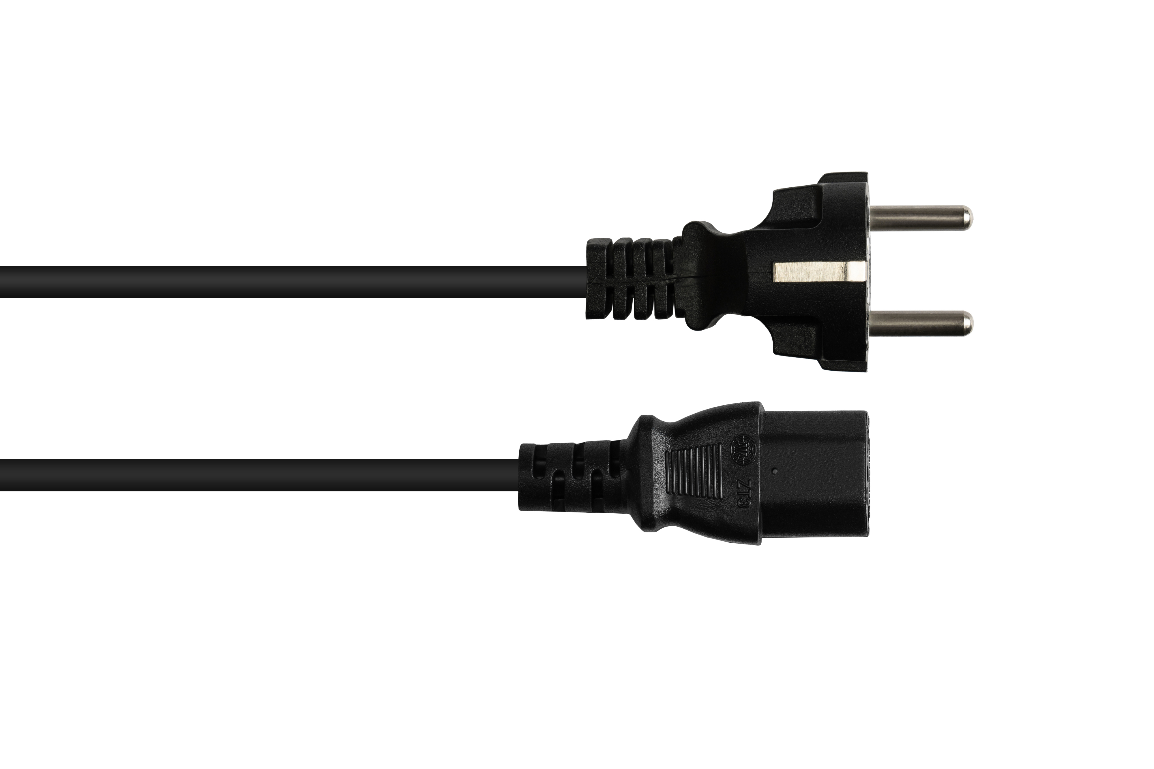 Schwarzes Netzkabel mit Stecker an einem Ende und Anschluss am anderen Ende. Weißer Hintergrund.