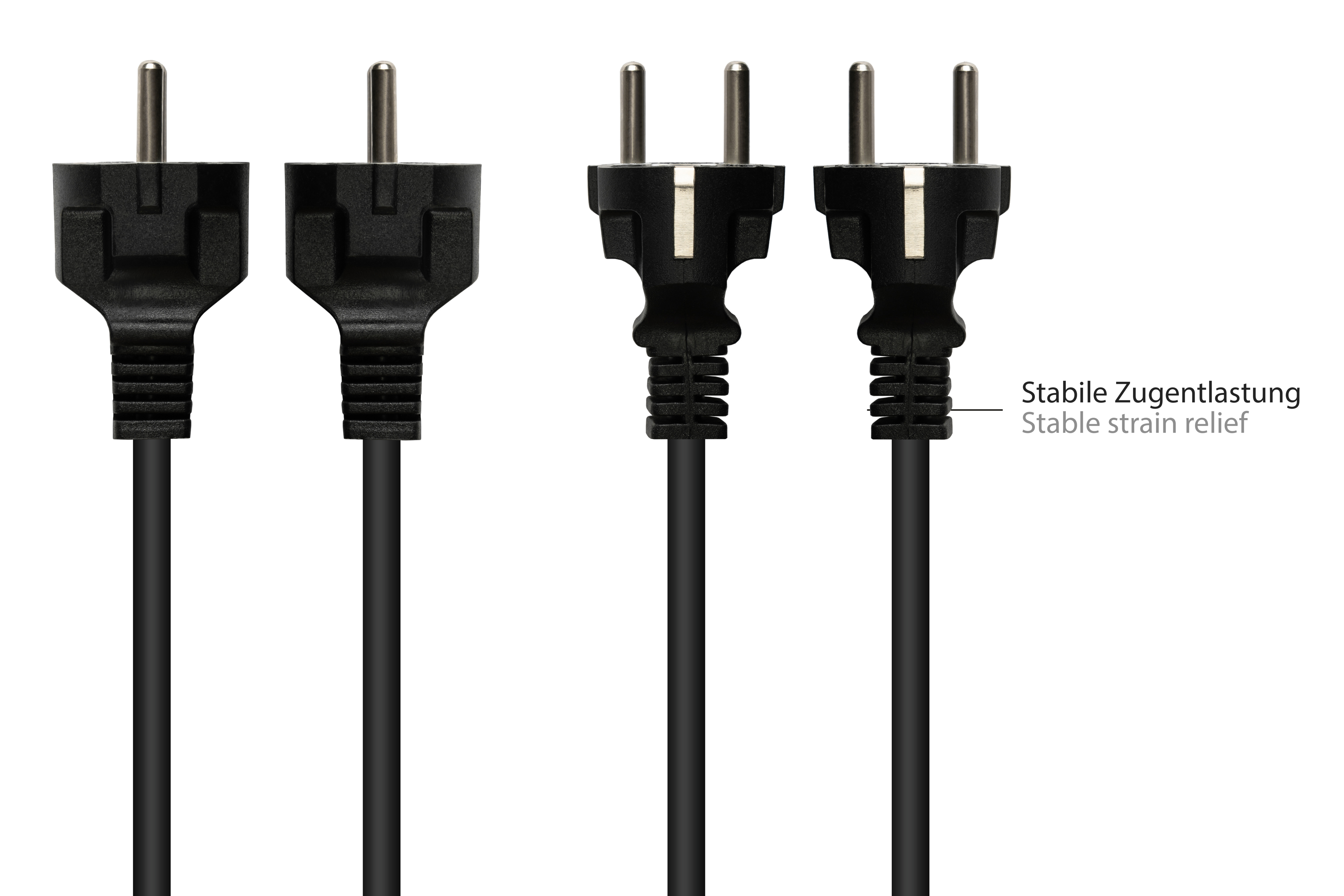 Vier schwarze Netzstecker mit schwarzen Kabeln. Weißer Hintergrund. Text: „Stabile Zugentlastung“.