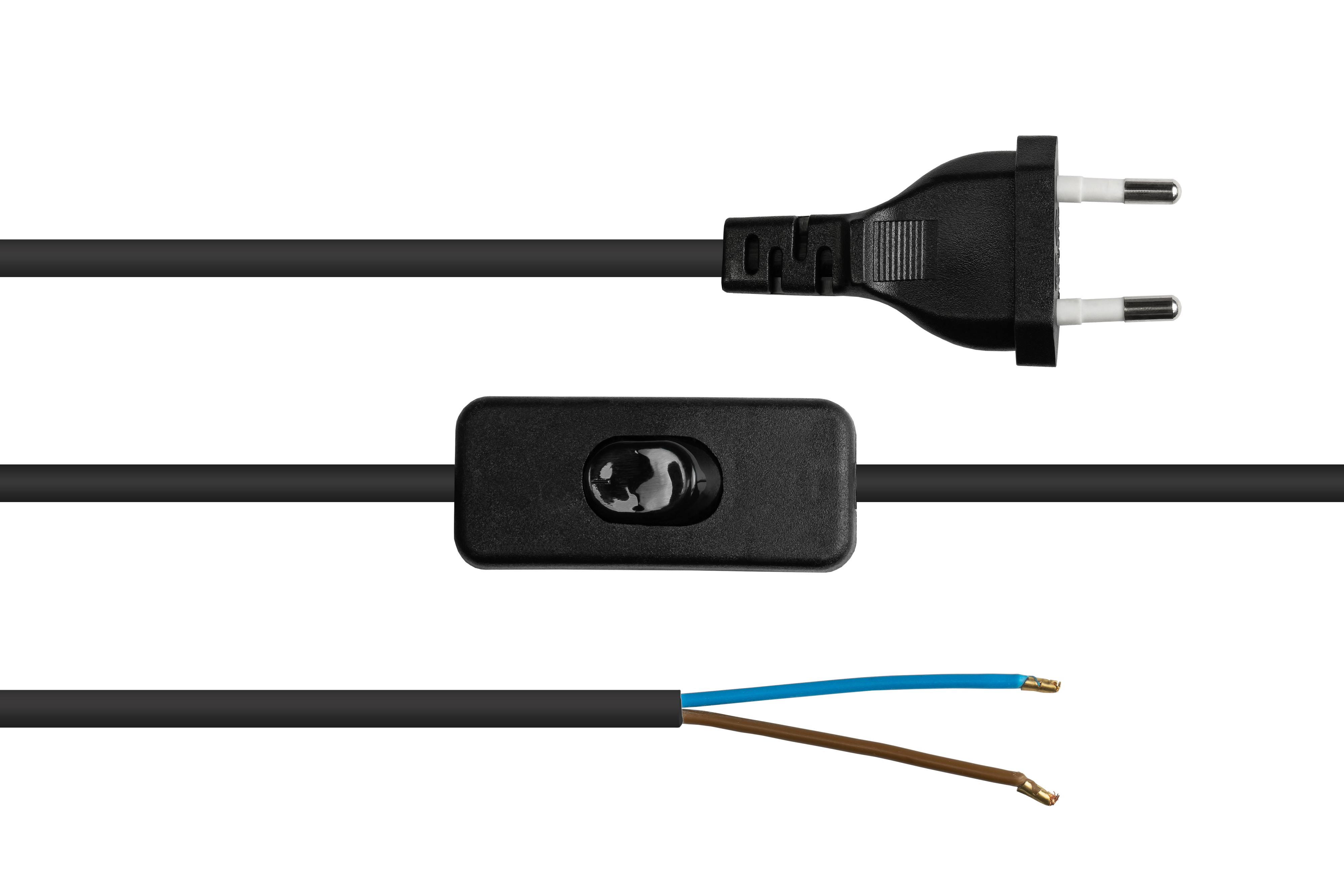 Schwarzes Netzkabel mit Stecker, Ein/Aus-Schalter und freiliegenden Drähten vor weißem Hintergrund.
