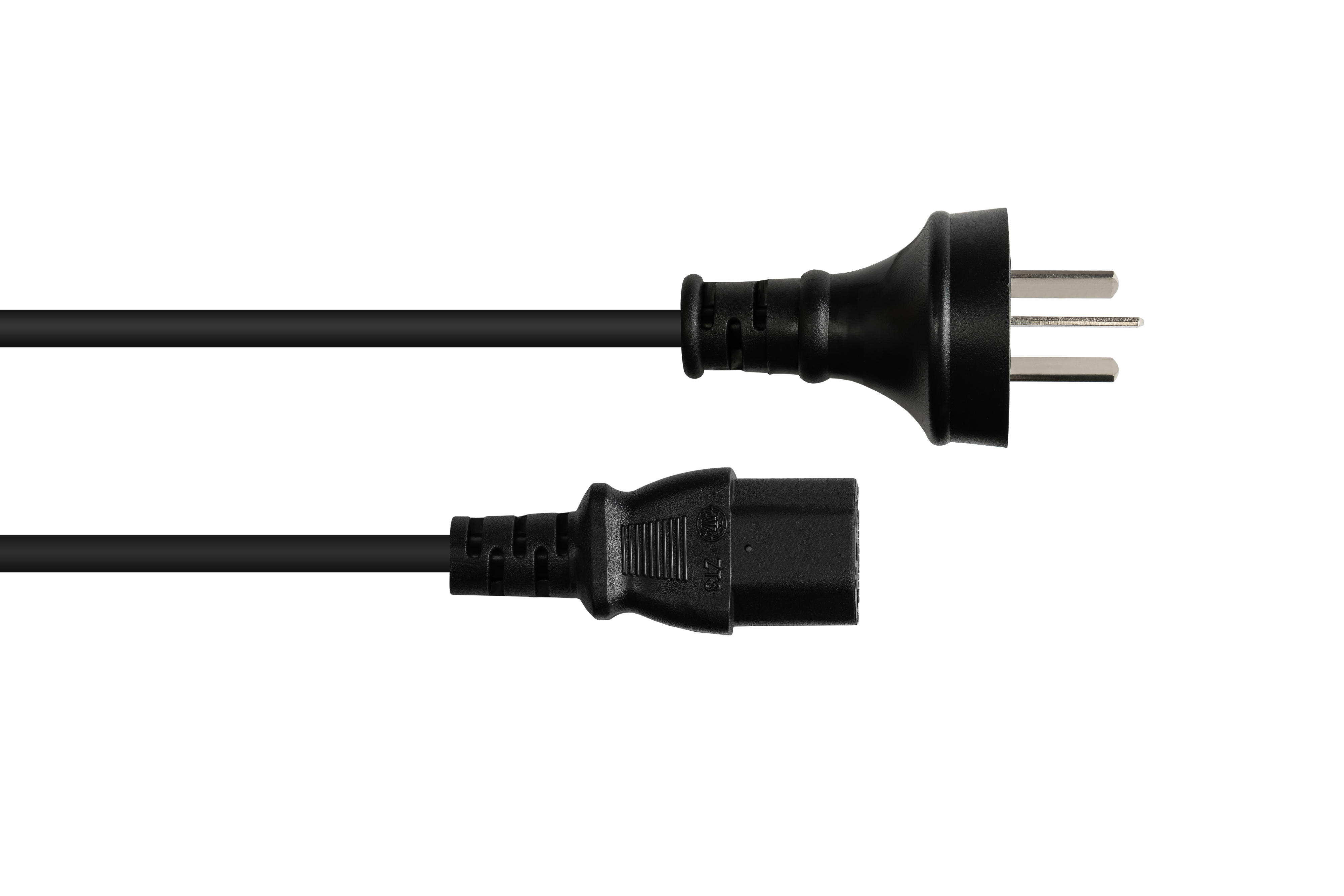 Ein schwarzes Netzkabel mit Stecker und IEC-Anschluss wird gezeigt.