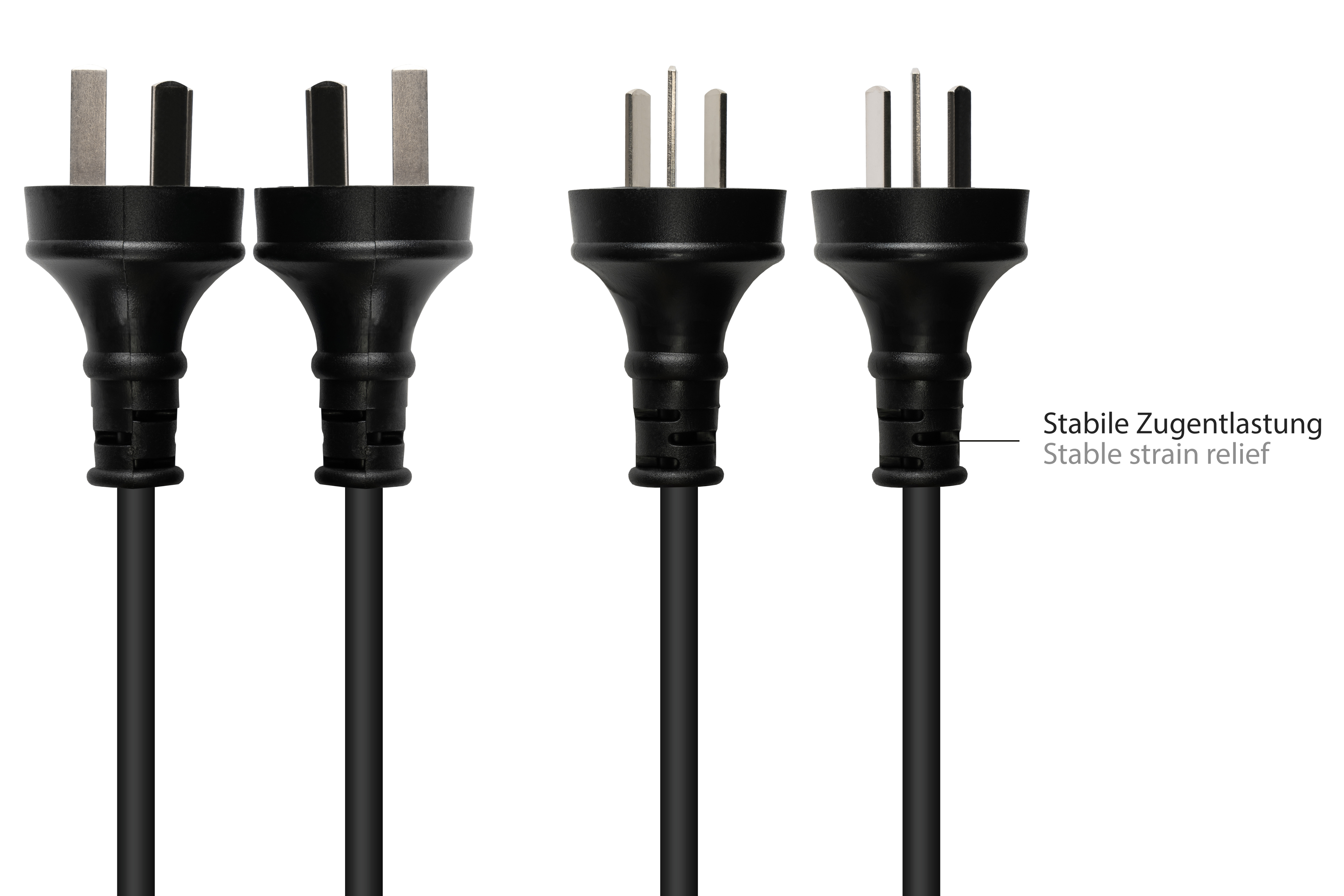 Vier schwarze Netzstecker mit Kabeln. Der Text 'Stabile Zugentlastung' daneben. Weißer Hintergrund.