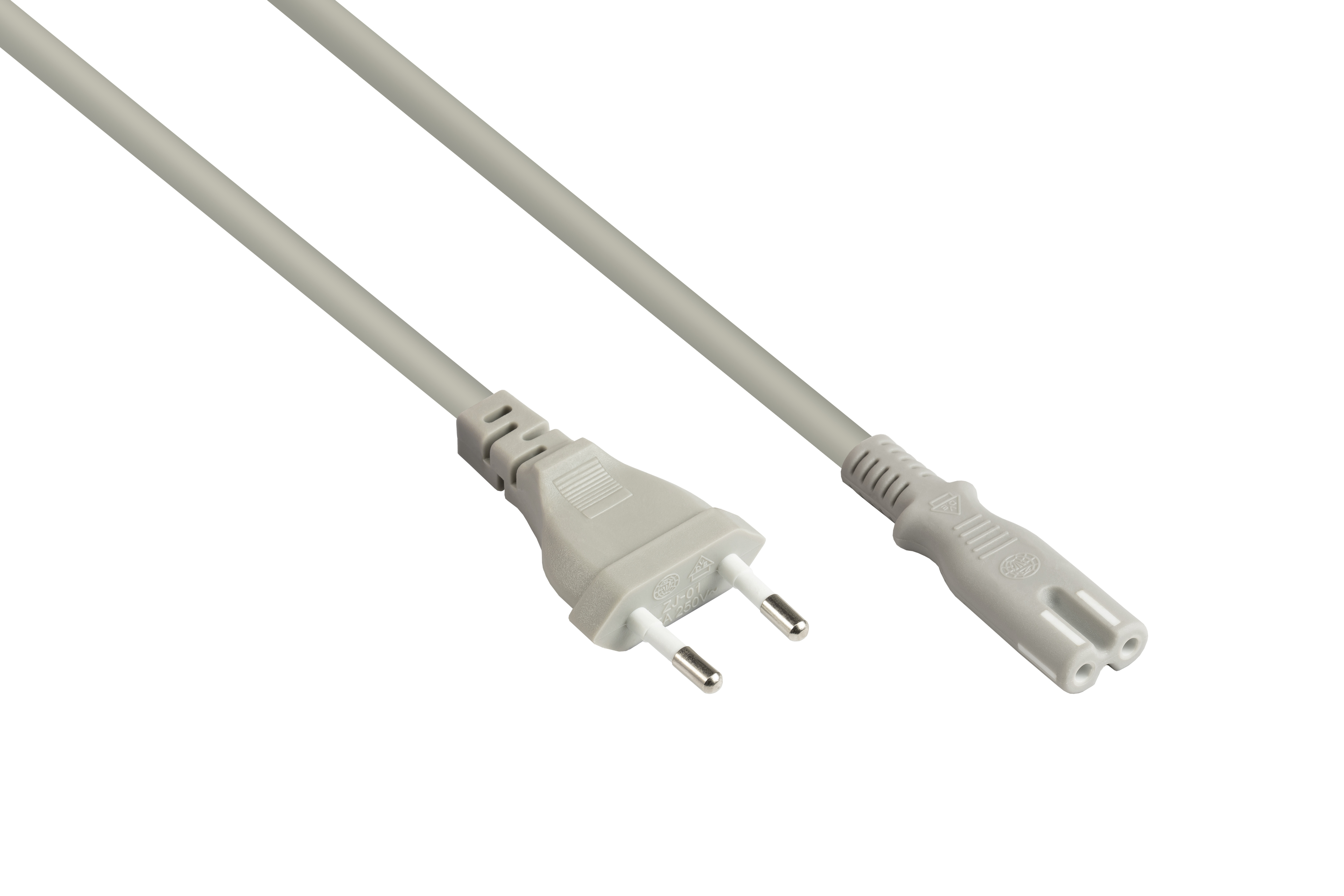 Zwei graue Netzkabel mit Steckern. Eines hat zwei Stifte, das andere drei.
