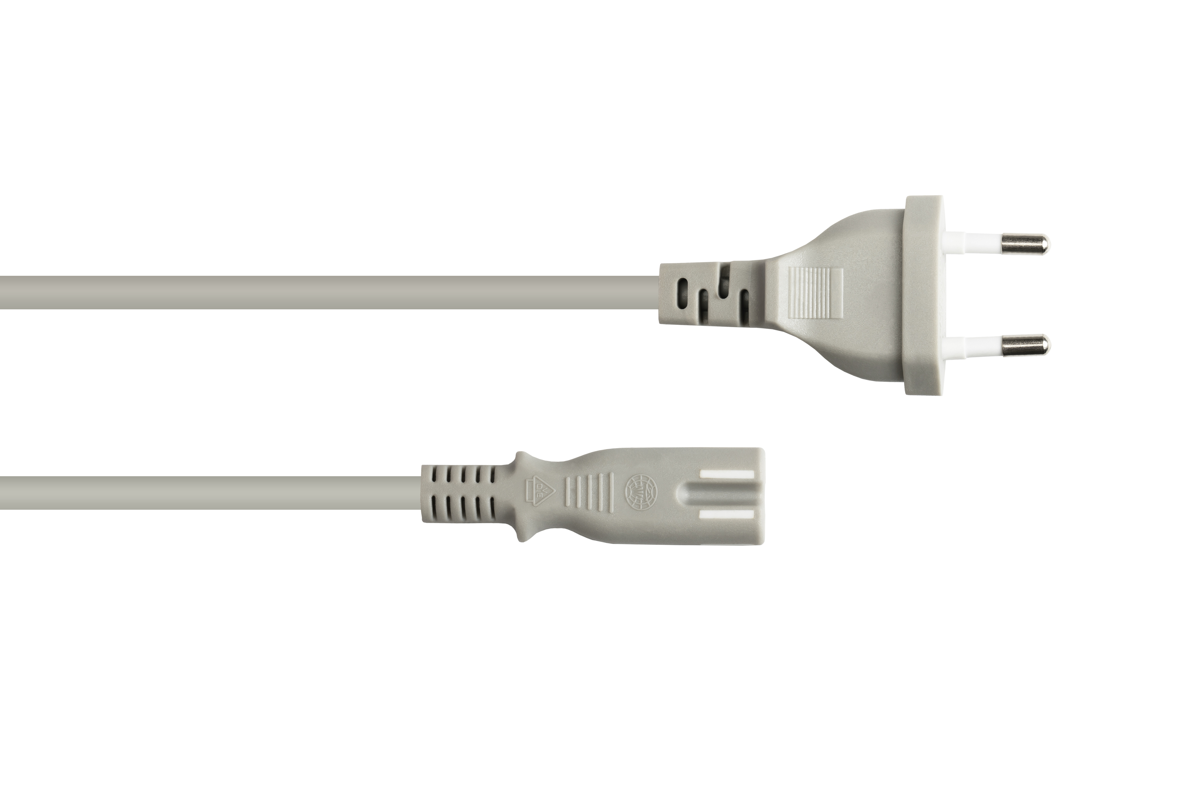 Graues Netzkabel mit US-Stecker und kleinem Stecker auf weißem Hintergrund.