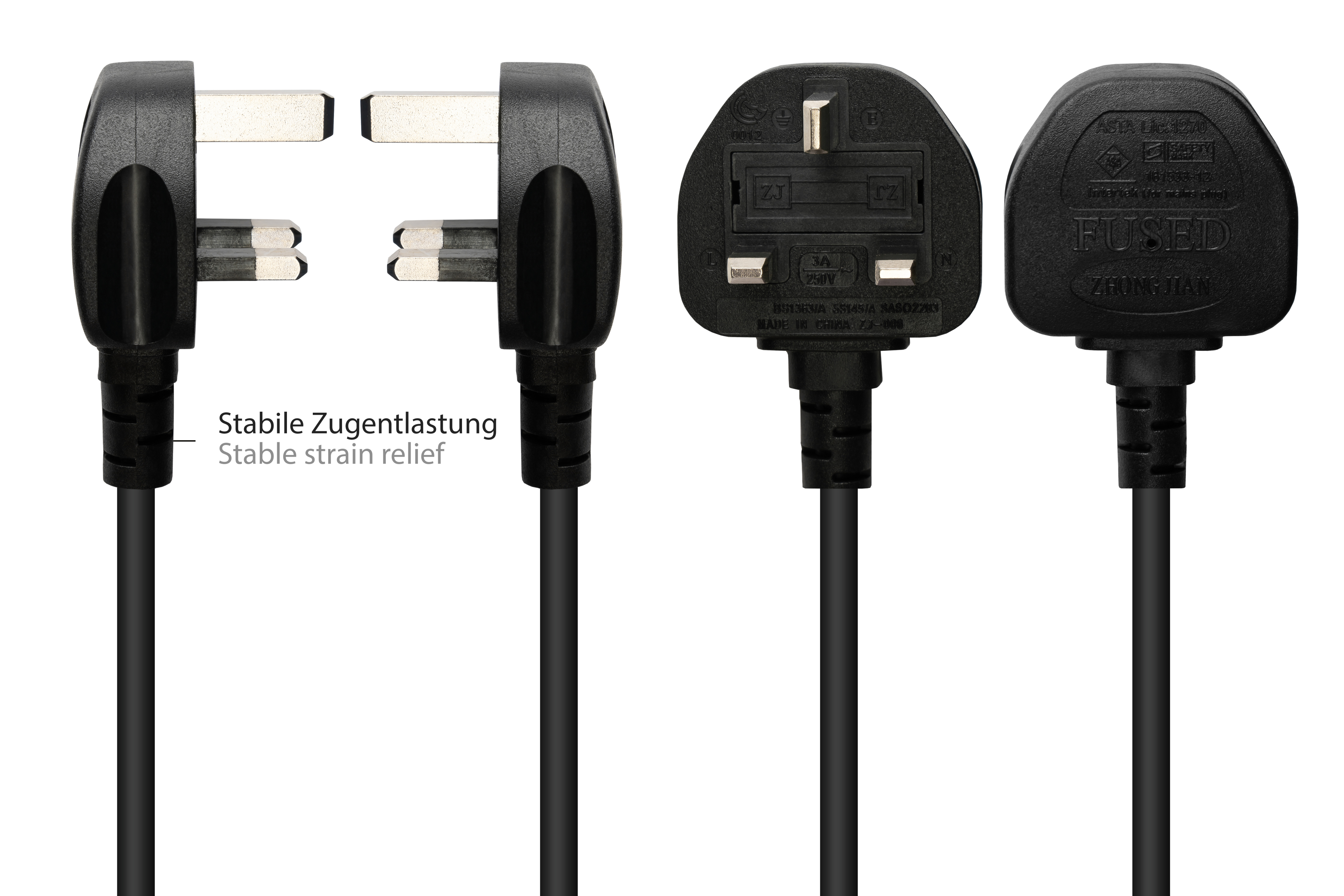 UK-Netzstecker. Schwarze Stecker mit Zugentlastung. Verschiedene Winkel auf Weiß.