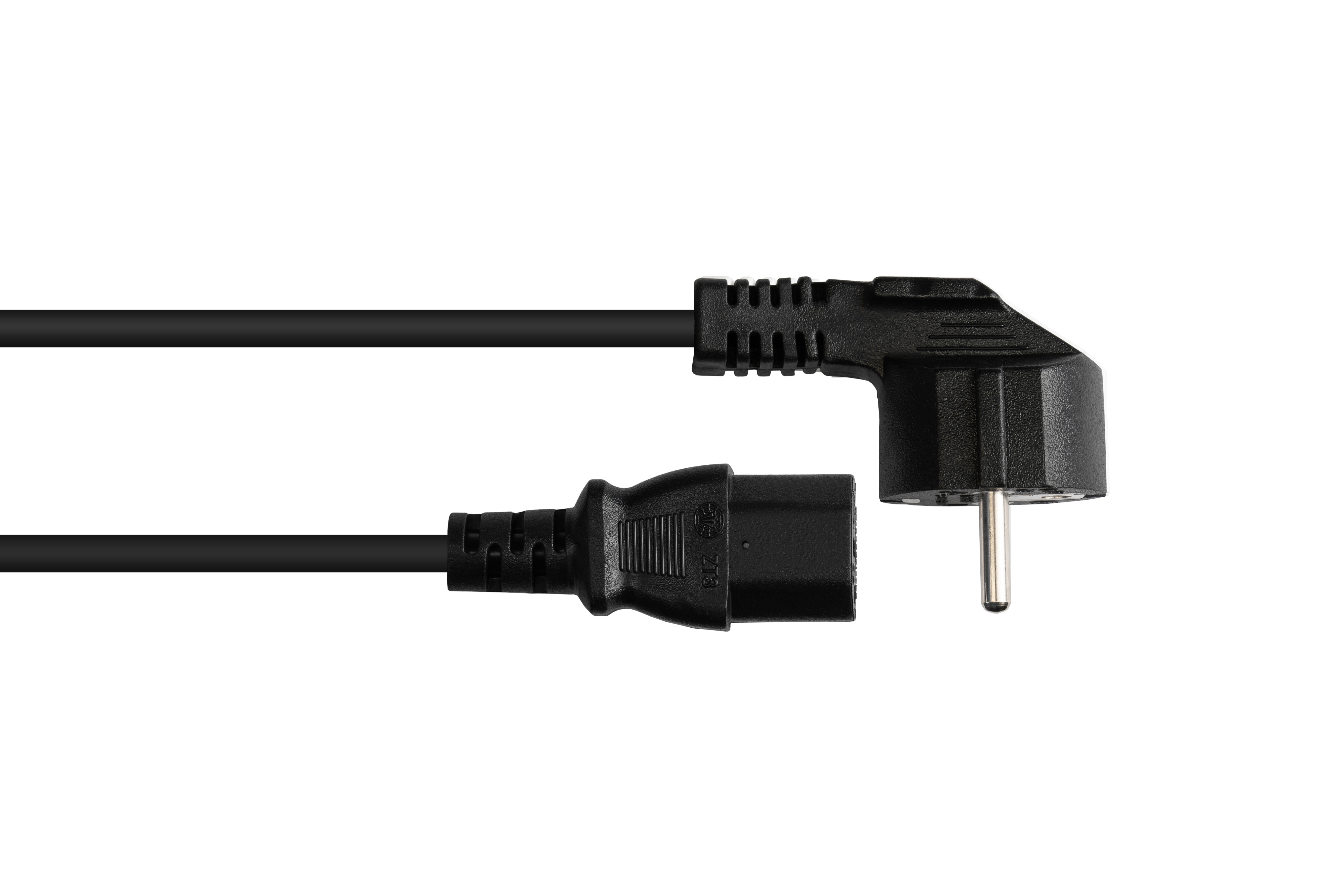 Schwarzes Netzkabel mit gewinkeltem Stecker und einem Anschluss.