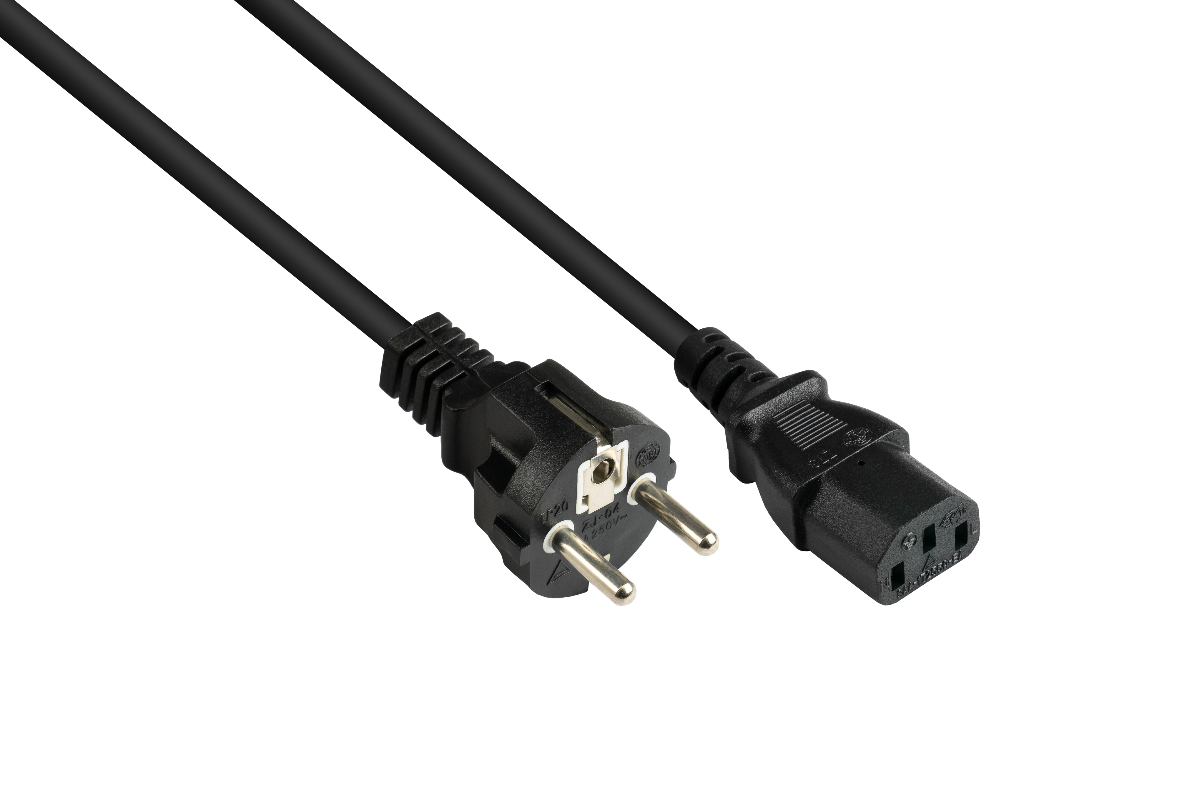 Schwarzes Netzkabel mit Stecker an einem Ende und Buchse am anderen, beide schwarz.