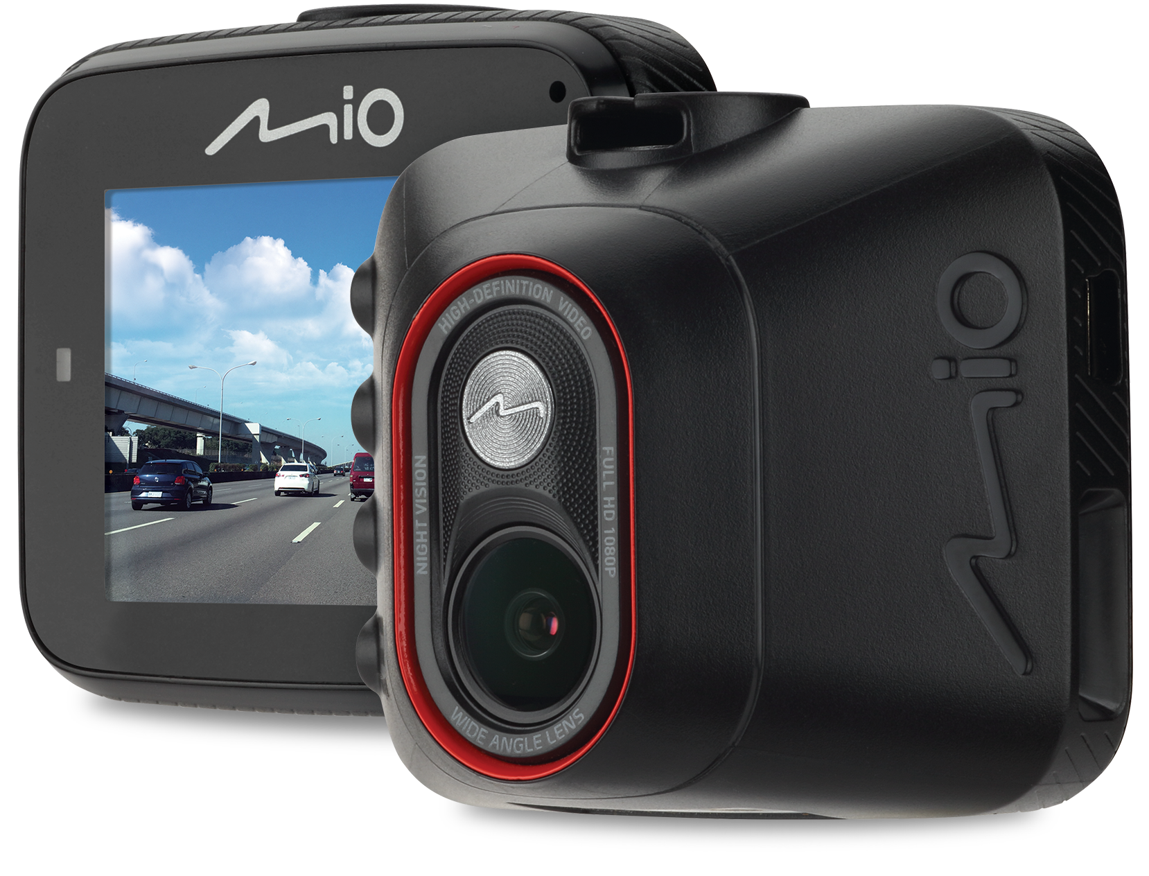 Schwarze Dashcam mit Bildschirm, der eine Straßenszene zeigt.