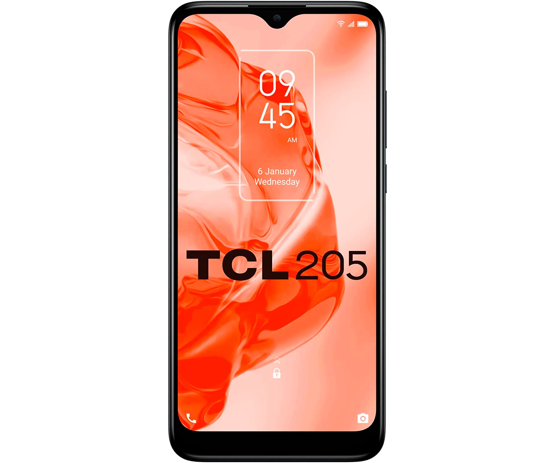 Czarny smartfon TCL 205 z czerwonym tłem na wyświetlaczu, pokazujący godzinę.