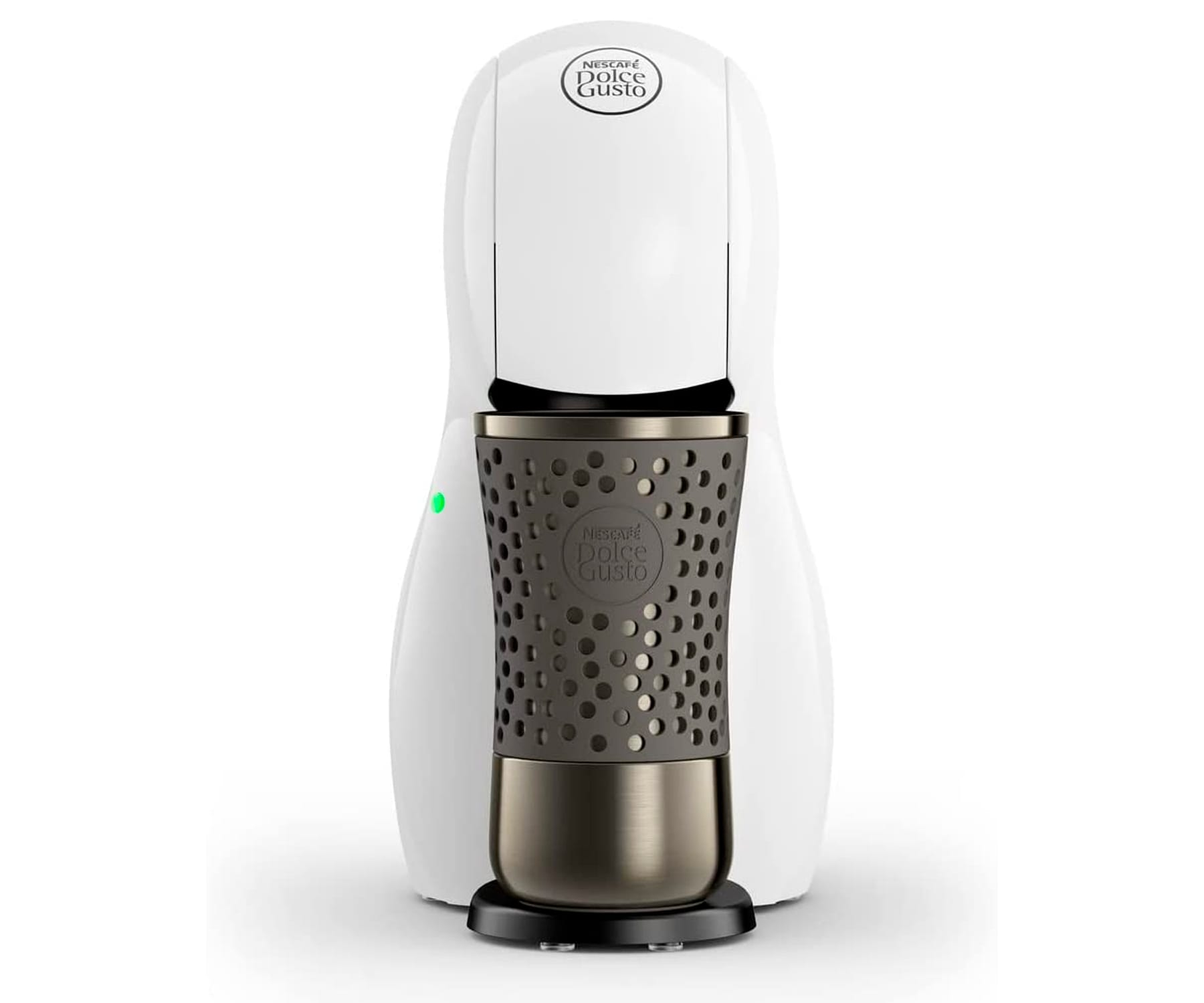 Weiß-dunkelgraue Kaffeemaschine mit Kaffeetasse.