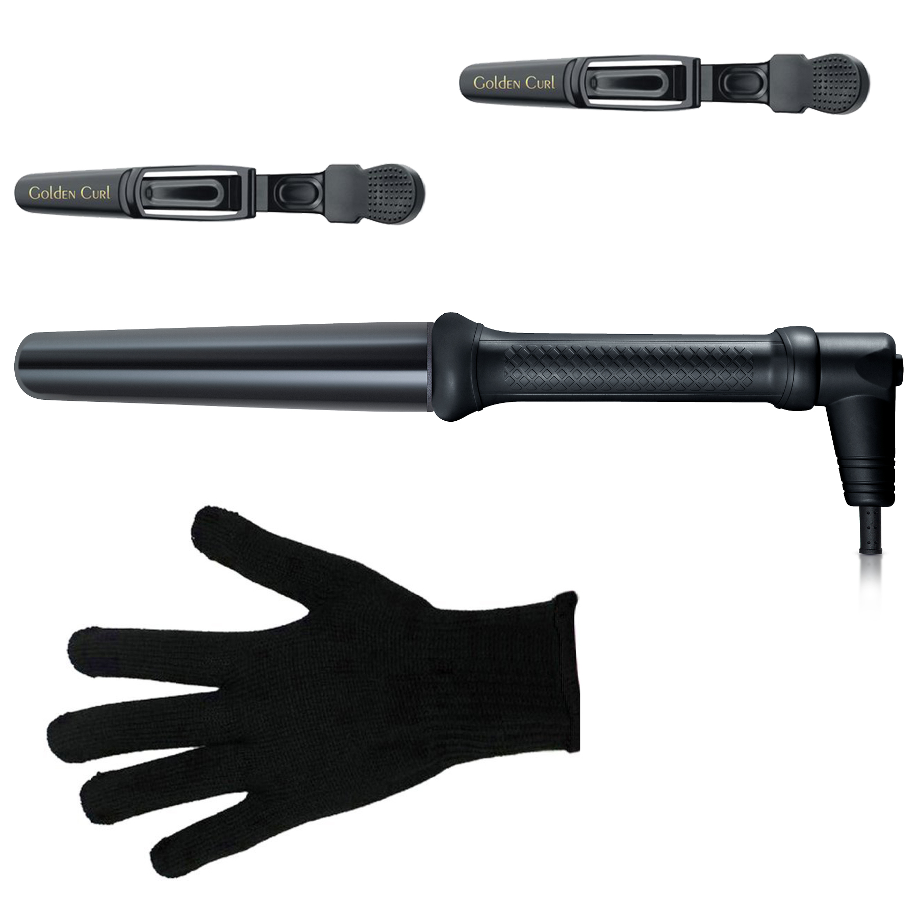 Ein schwarzer Lockenstab, ein hitzebeständiger Handschuh und zwei Aufsätze vor Weiß.