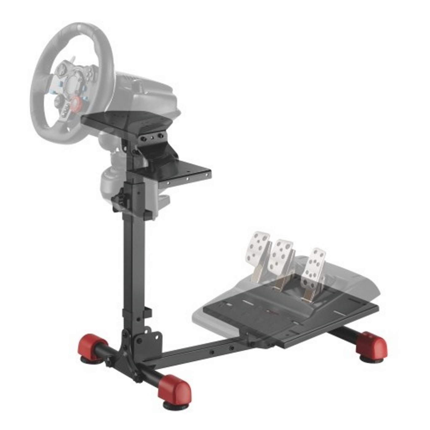 Schwarzer Rennsimulator-Ständer mit Lenkrad, Pedalen und roten Füßen auf weißem Grund.
