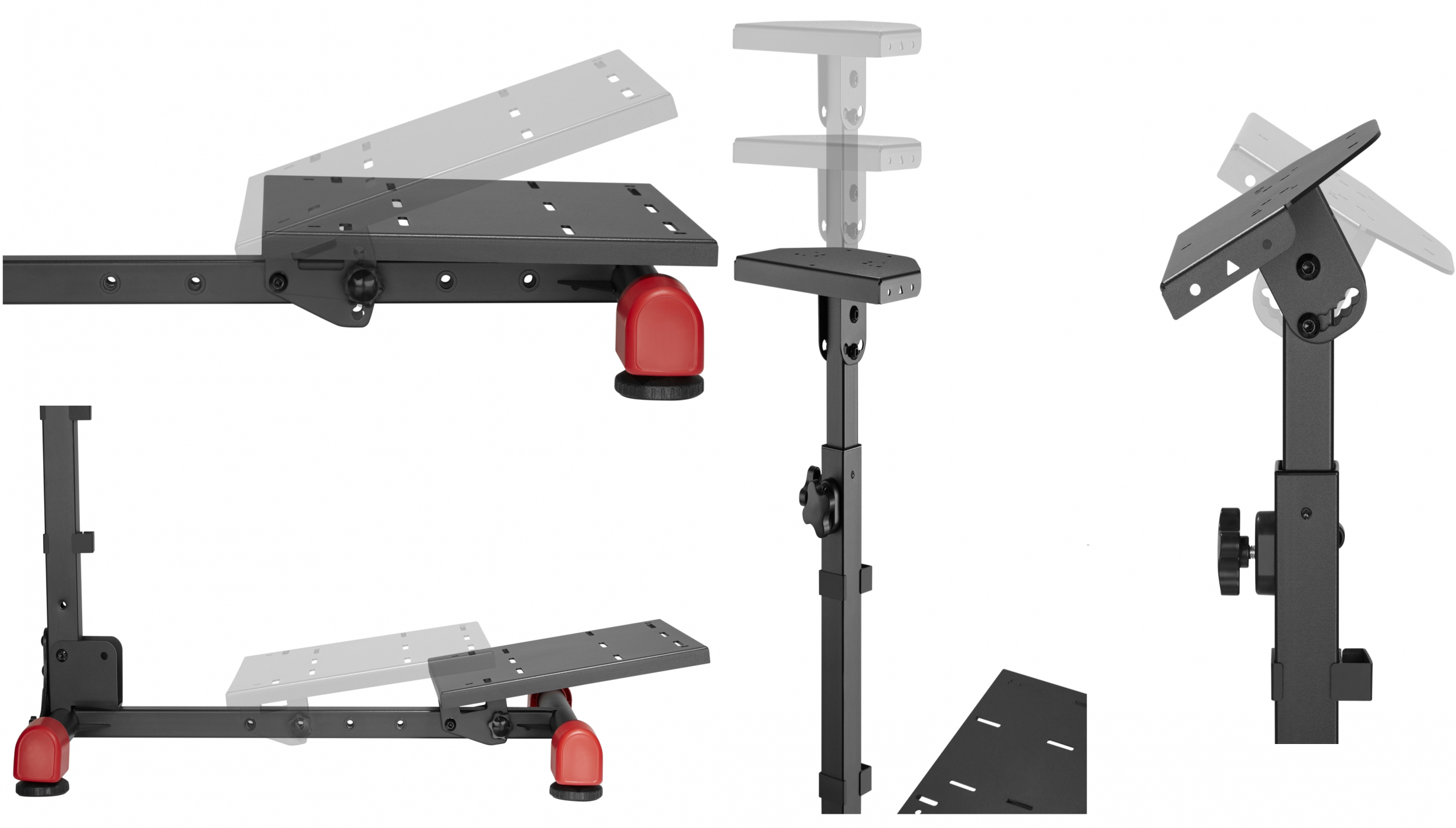 Schwarzes und rotes Rennsimulator-Setup mit einstellbaren Teilen.