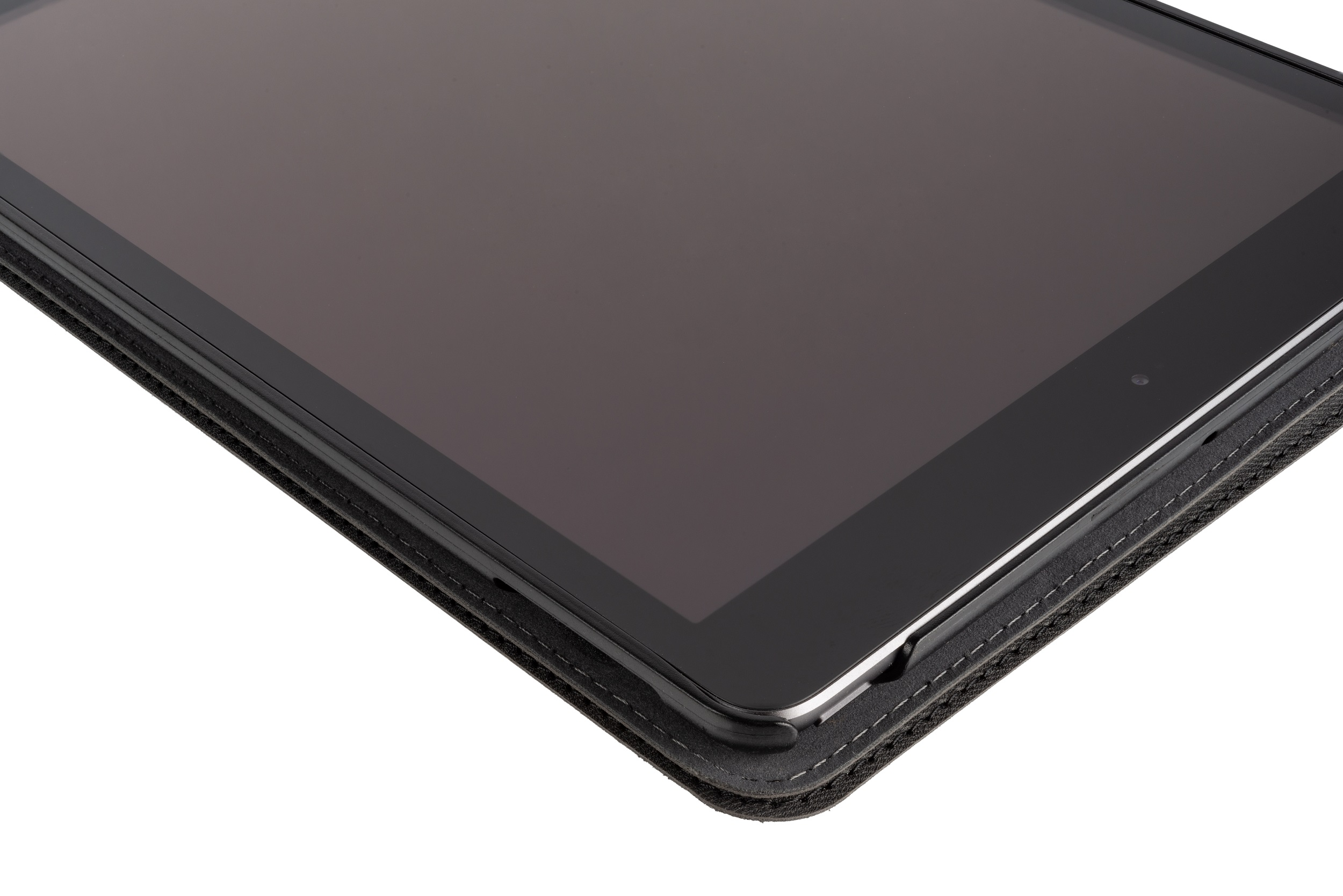 Nahaufnahme eines Tablets mit schwarzem Bildschirm und schwarzem Gehäuse.