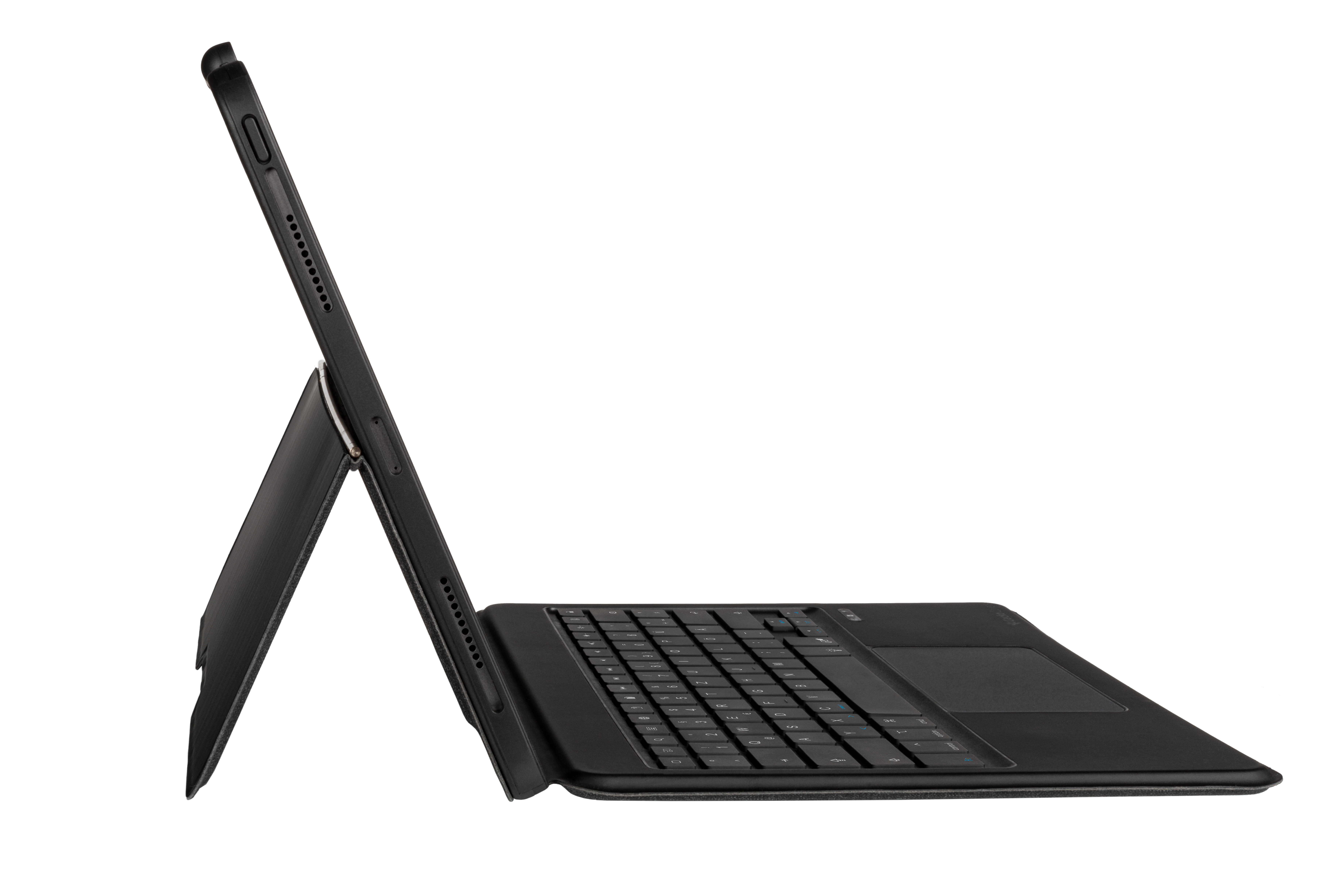 Schwarzes Tablet mit Tastaturhülle, seitlich geöffnet.