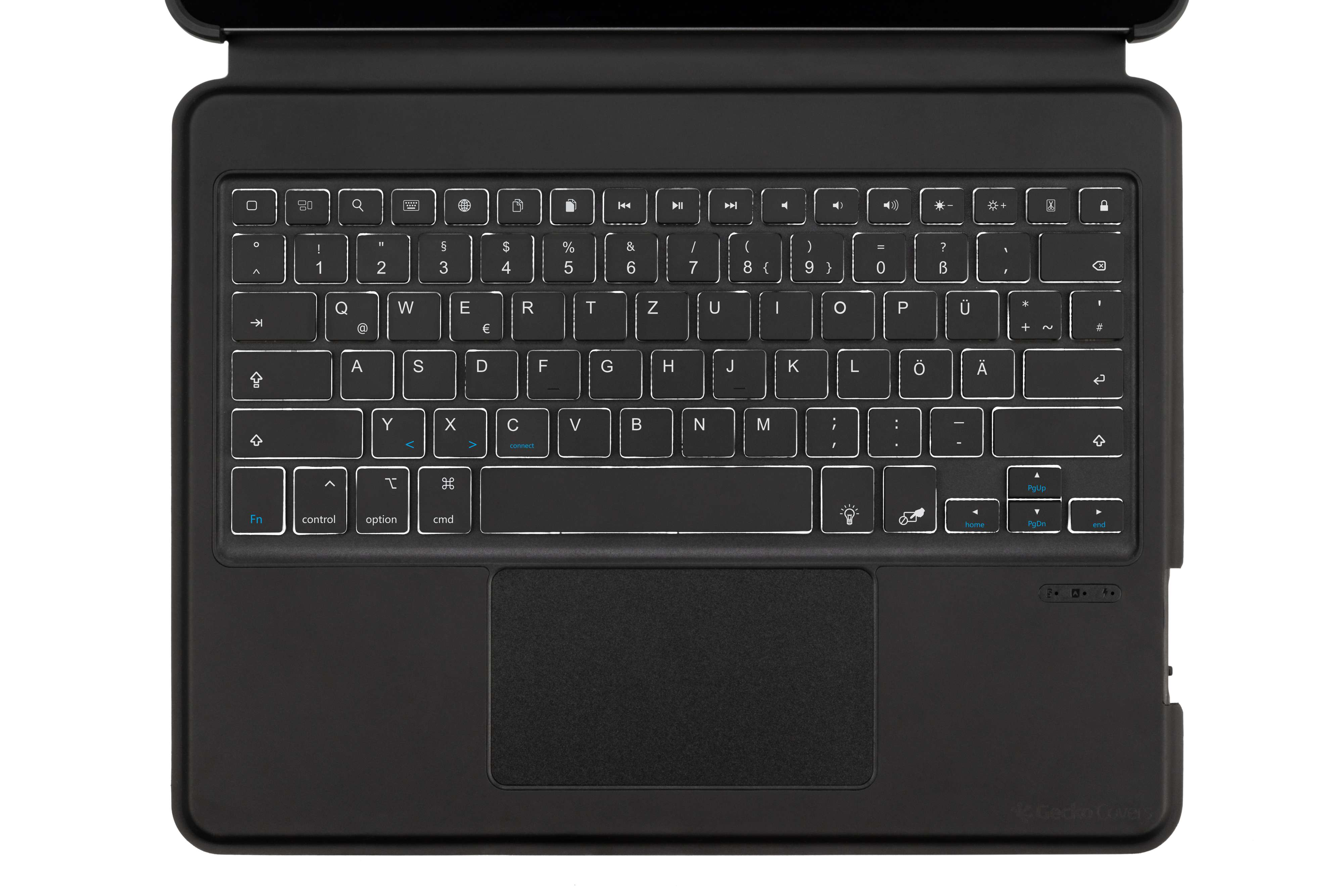 Eine schwarze Tastatur mit Touchpad. Tasten sind beleuchtet. Der Hintergrund ist weiß.