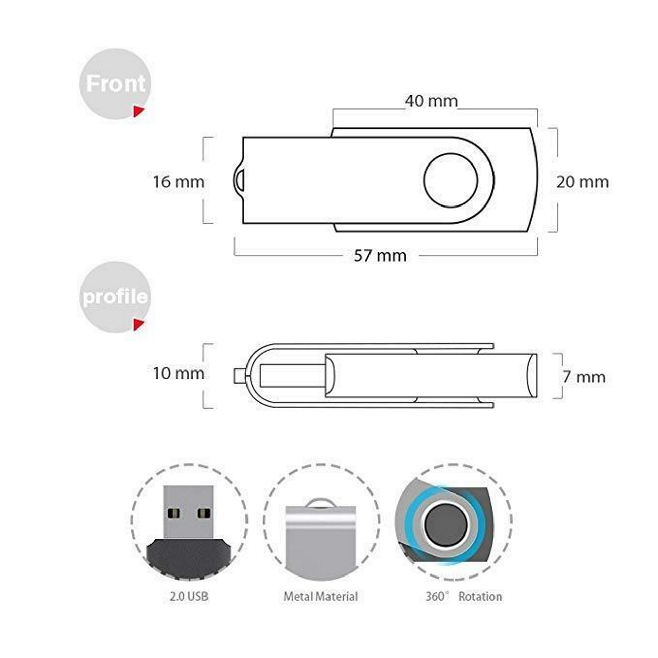 Diagramm eines schwarzen USB-Sticks mit Abmessungen und Symbolen für 2.0 USB, Metallmaterial und 360° Drehung.