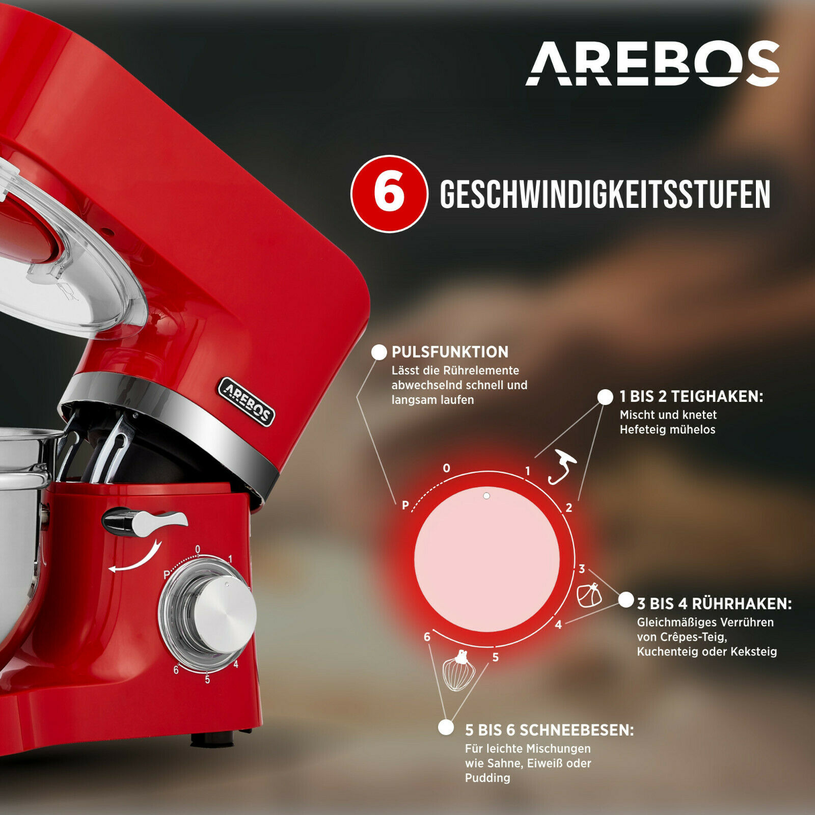 Roter Küchenmixer mit Geschwindigkeitseinstellungen und Text auf dem Bild.