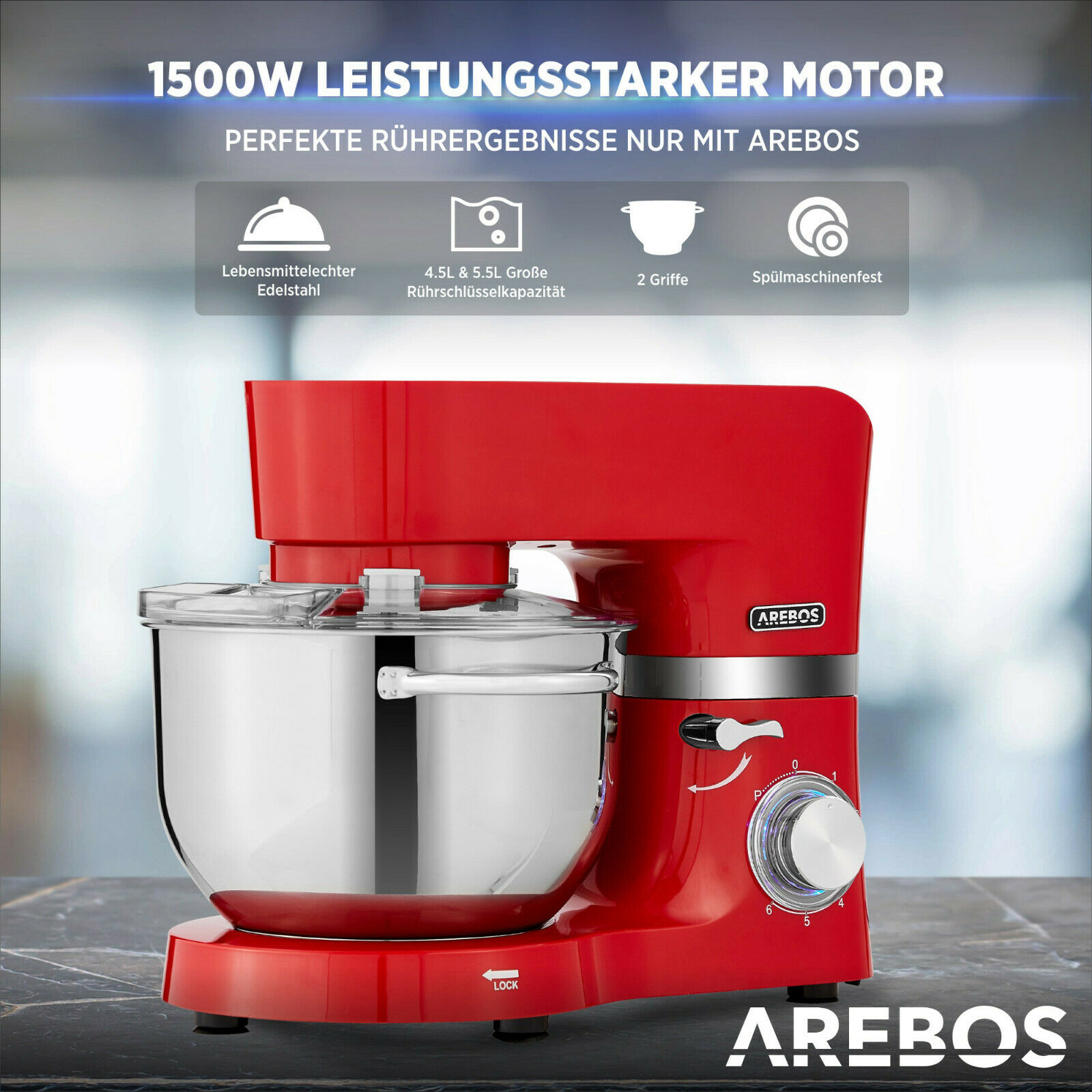 Roter AREBOS Küchenmixer mit mehreren Symbolen. Edelstahl-Schüssel und weißes Zifferblatt.