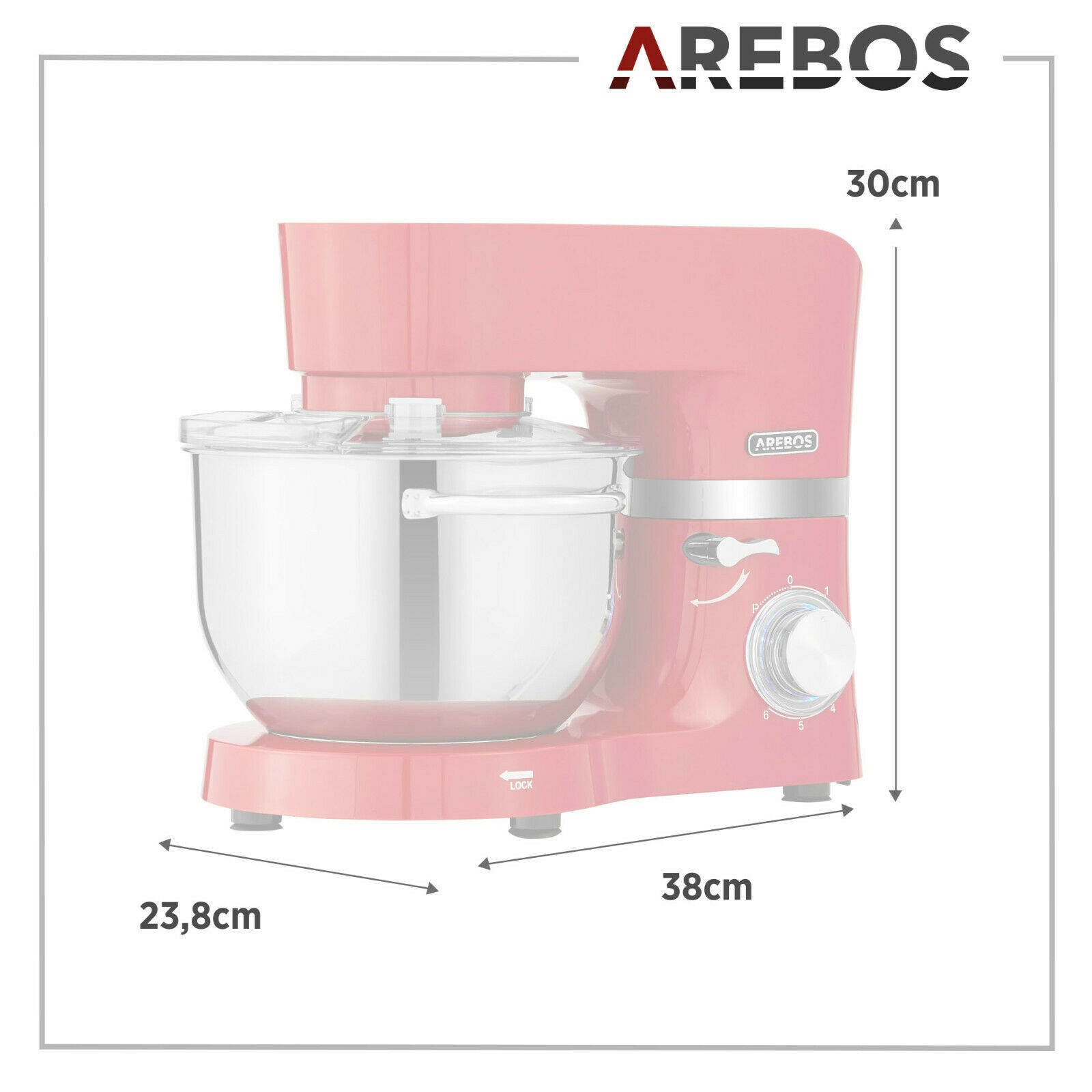 Ein rosa Arebos Küchenmixer mit Maßangaben: 23,8x38x30 cm. Eine transparente Schüssel ist dabei.