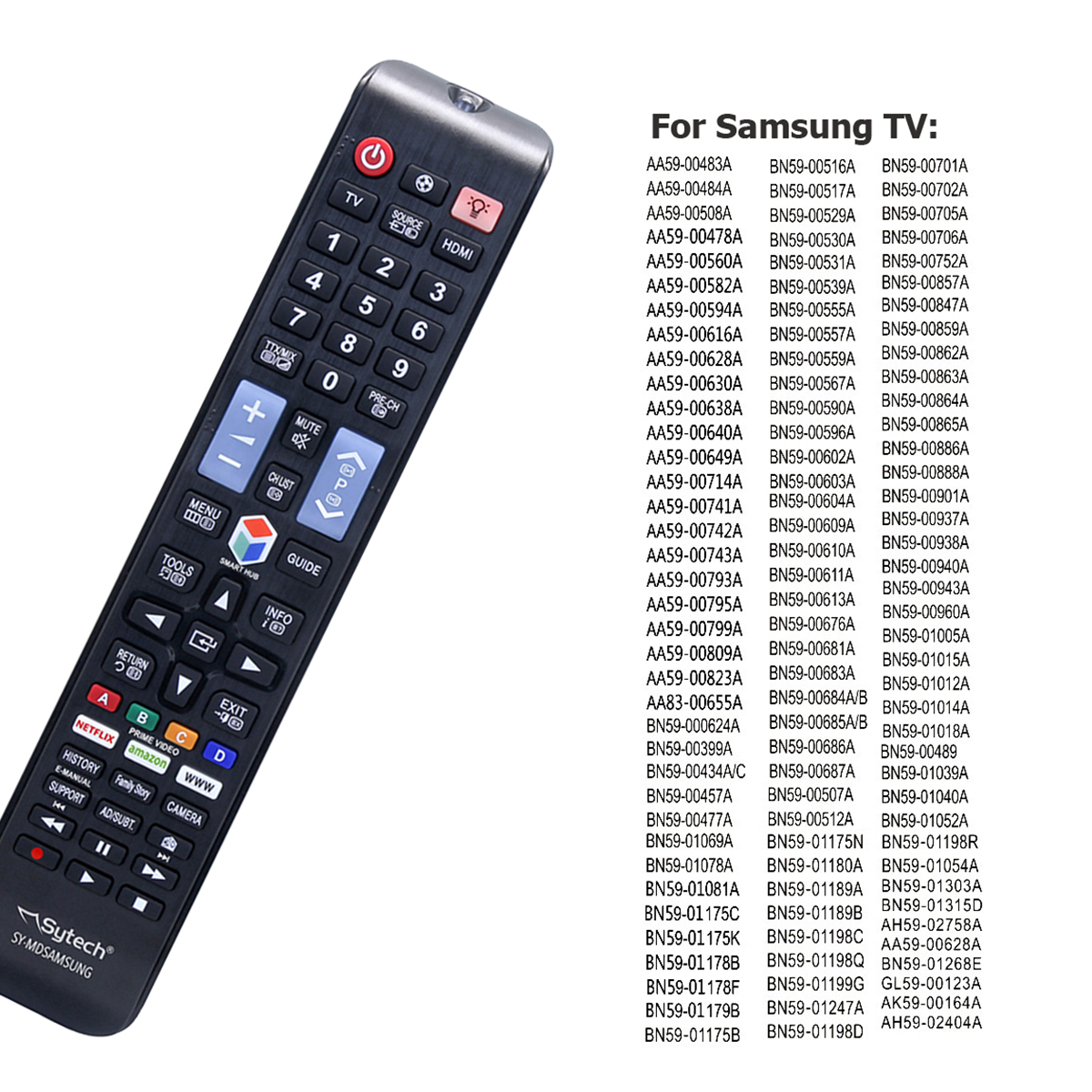 Mando a distancia negro de TV Samsung con muchos botones, texto y números blancos. Hay una lista de códigos a la derecha.