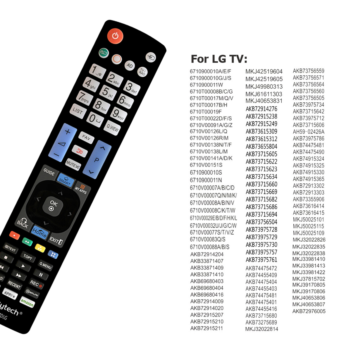 Un mando a distancia para TV LG y una lista de números de modelo y códigos correspondientes.
