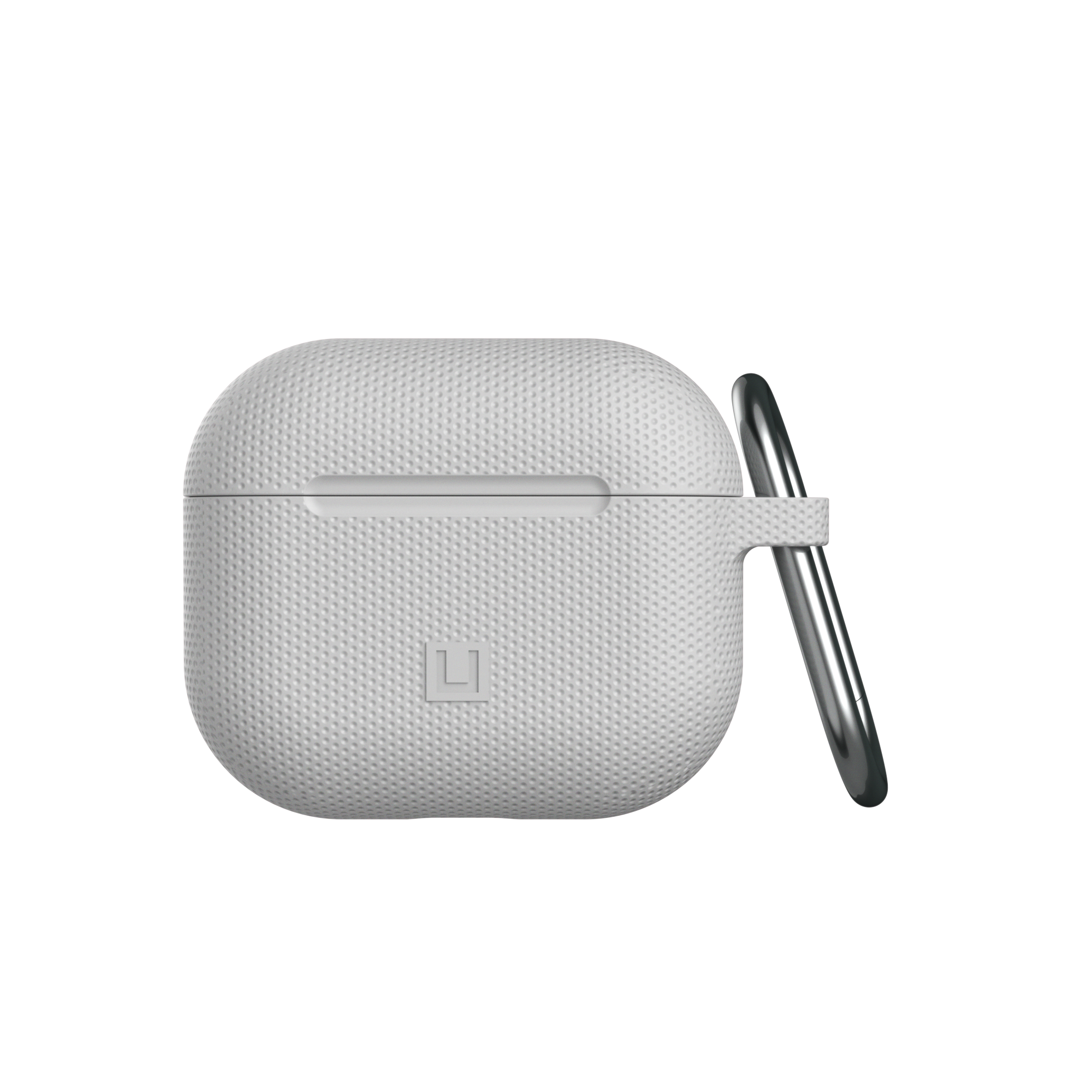 Weißes AirPods-Etui mit silbernem Clip. Isoliert auf schwarzem Hintergrund.