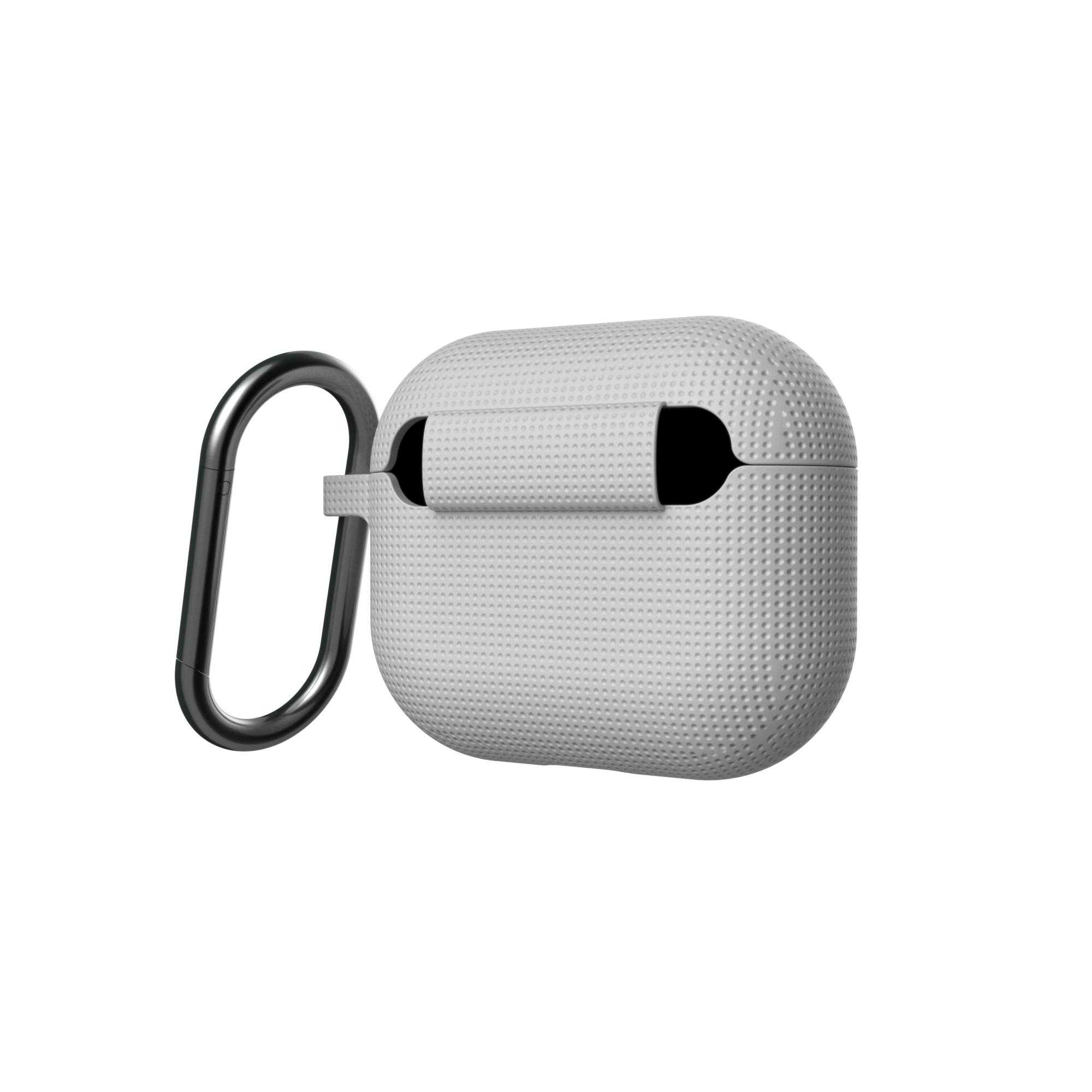 Weißes AirPods Pro Case mit silbernem Karabiner auf schwarzem Hintergrund. Strukturierte Oberfläche.