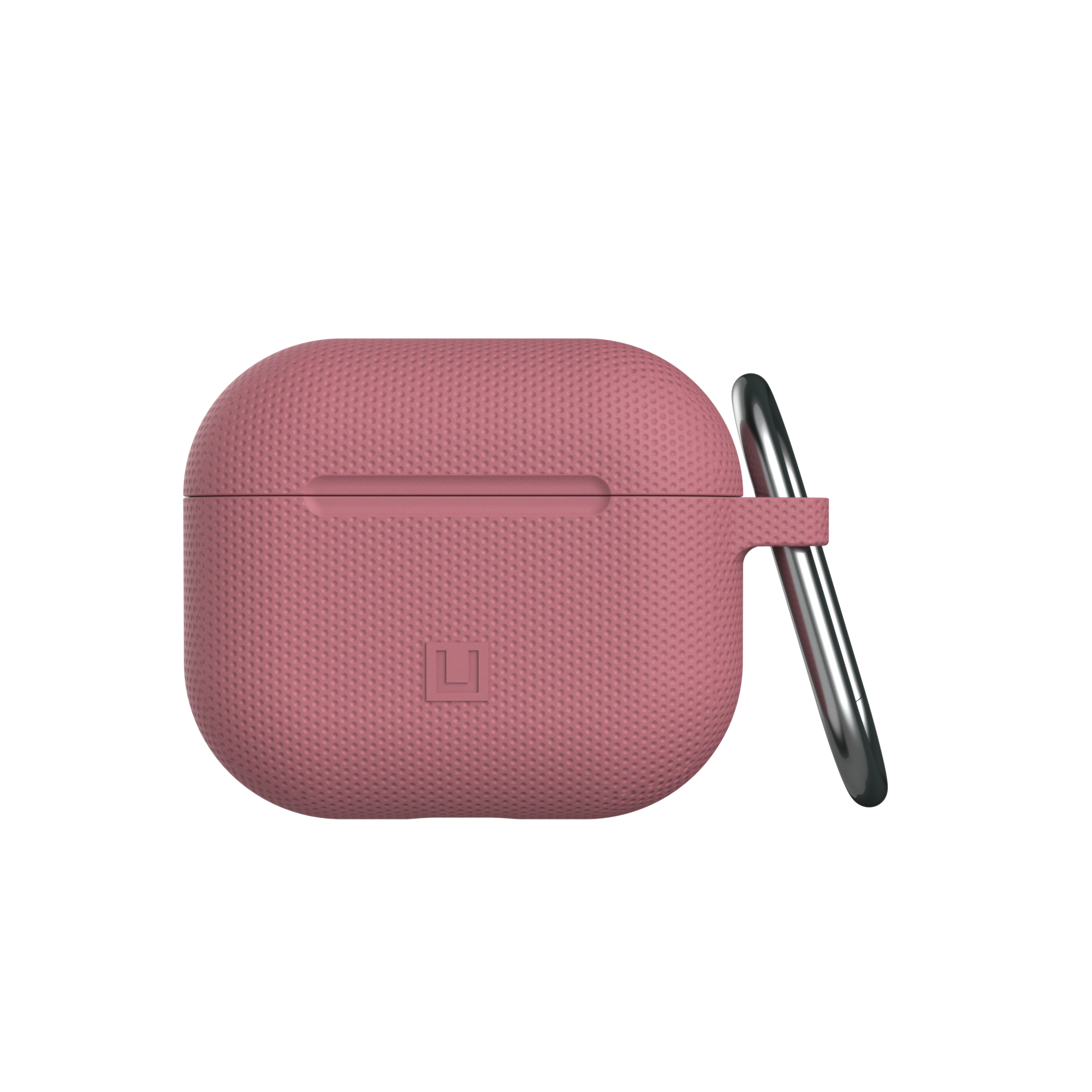 Rosafarbenes AirPod-Etui mit silbernem Karabiner. Das Etui hat eine strukturierte, gepunktete Oberfläche.