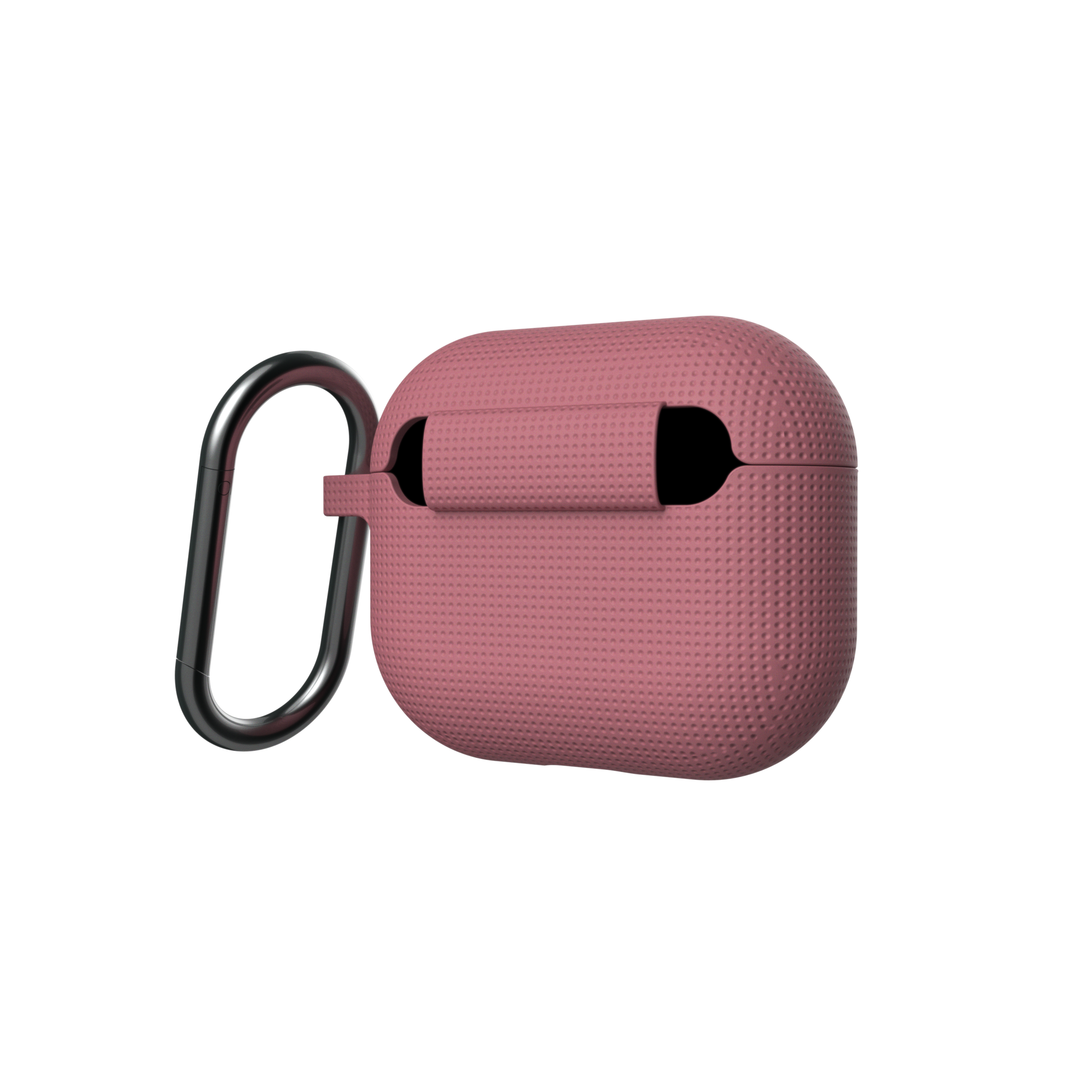 Eine rosa Hülle für Ohrhörer mit Metallhaken, vor schwarzem Hintergrund.