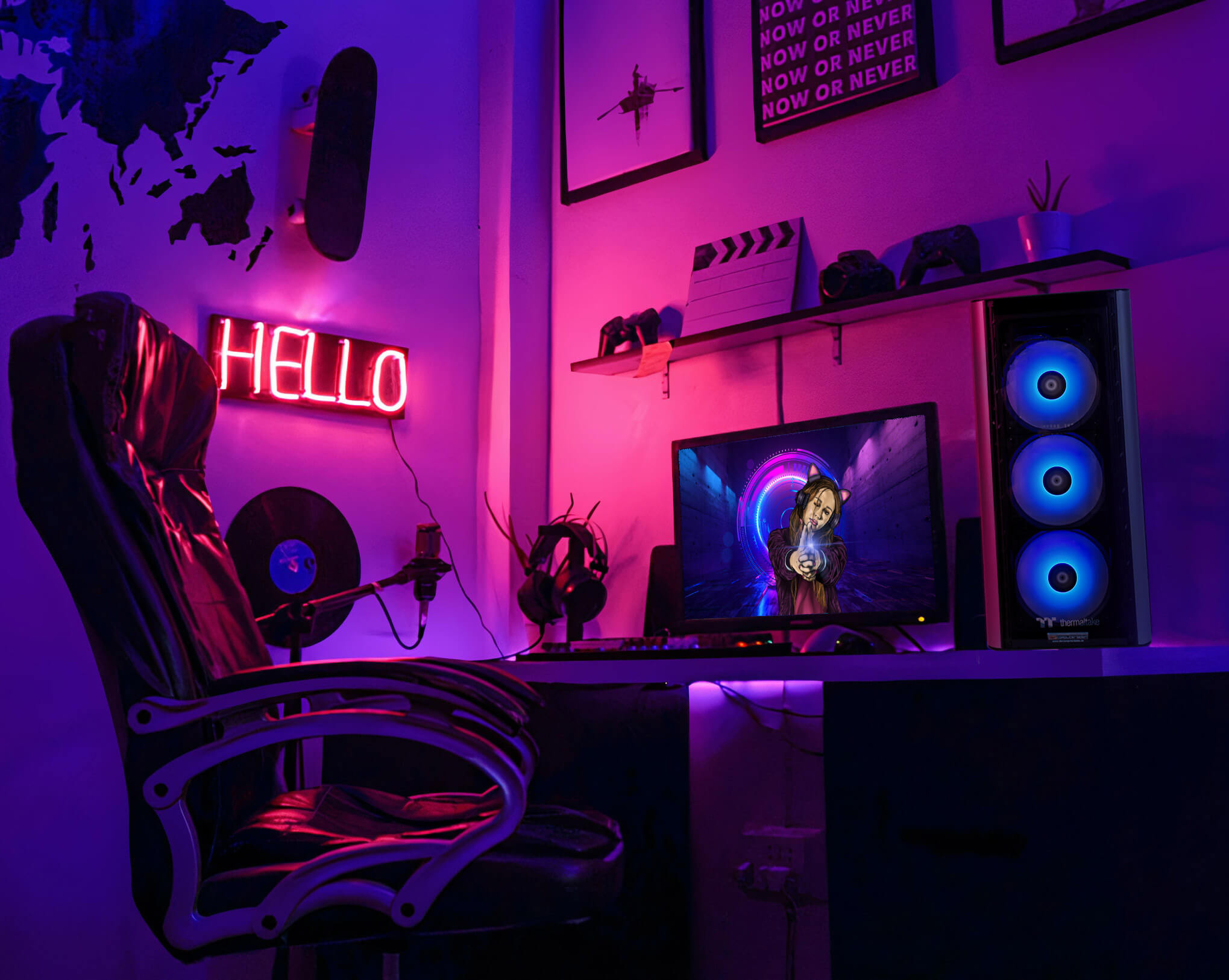 Gaming-Setup in einem Raum mit Neon-Schildern, Computer und Zubehör.