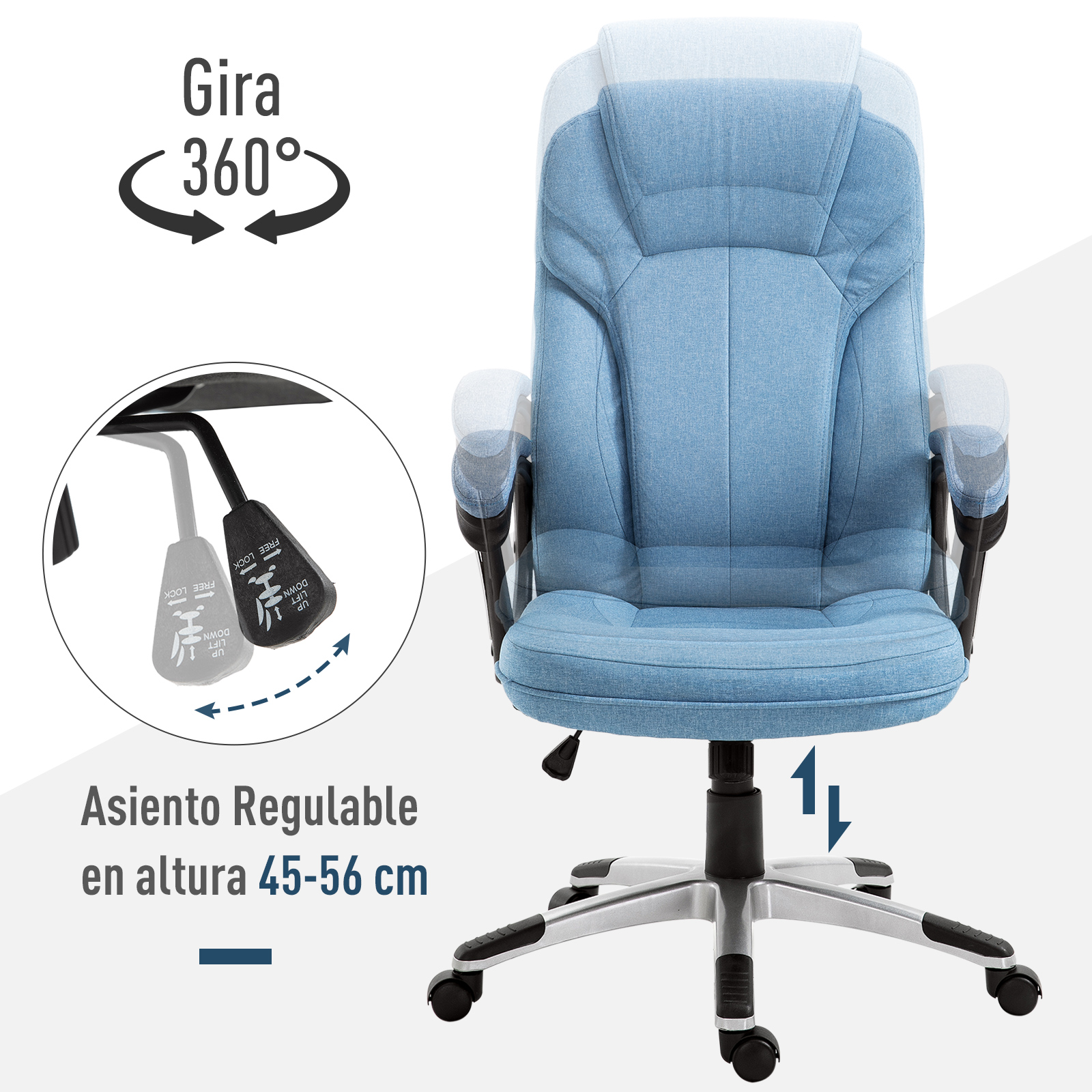 Silla de oficina azul con altura ajustable y rotación 360°, con texto en español.