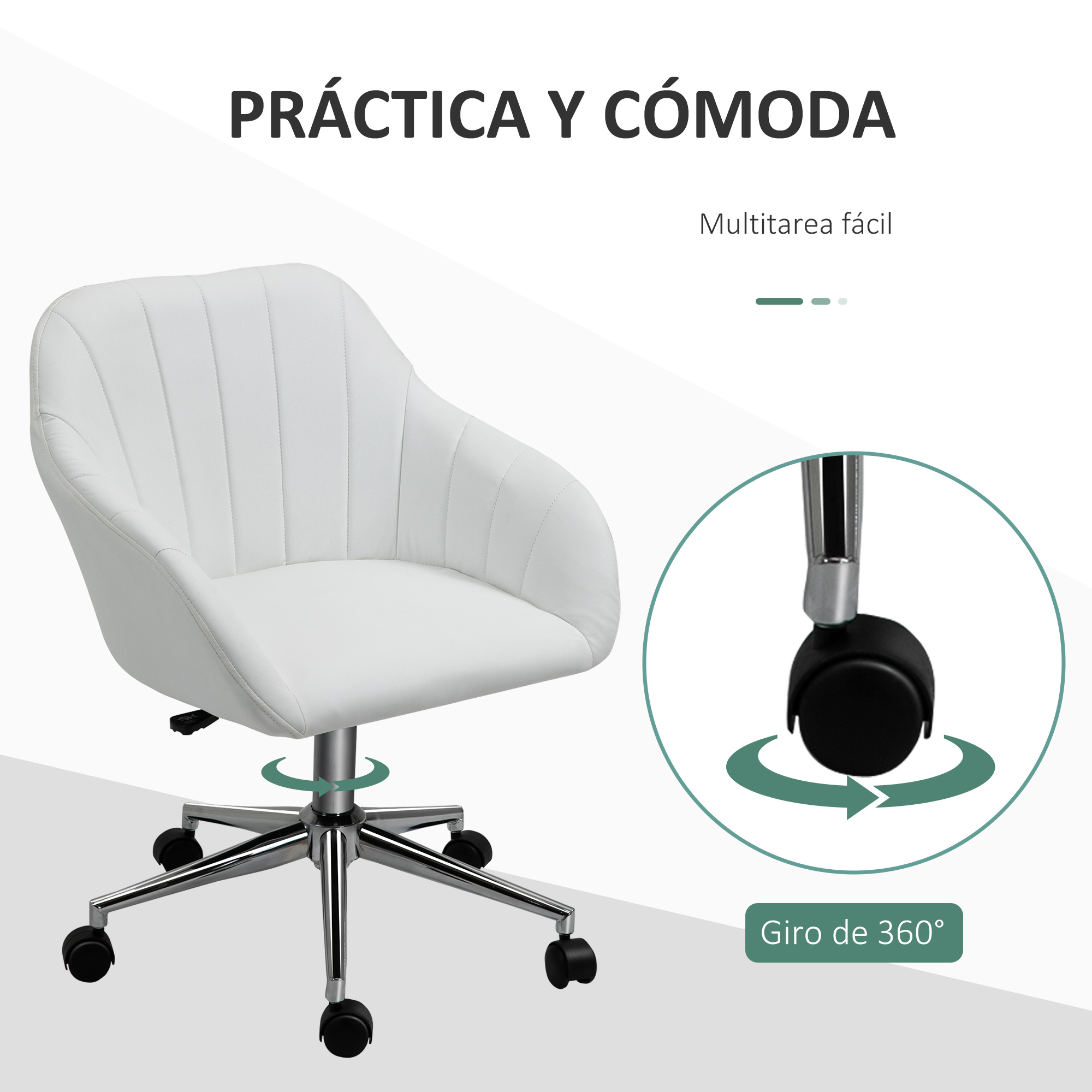 Una silla de oficina blanca con base cromada. Tiene un asiento curvo y un respaldo.