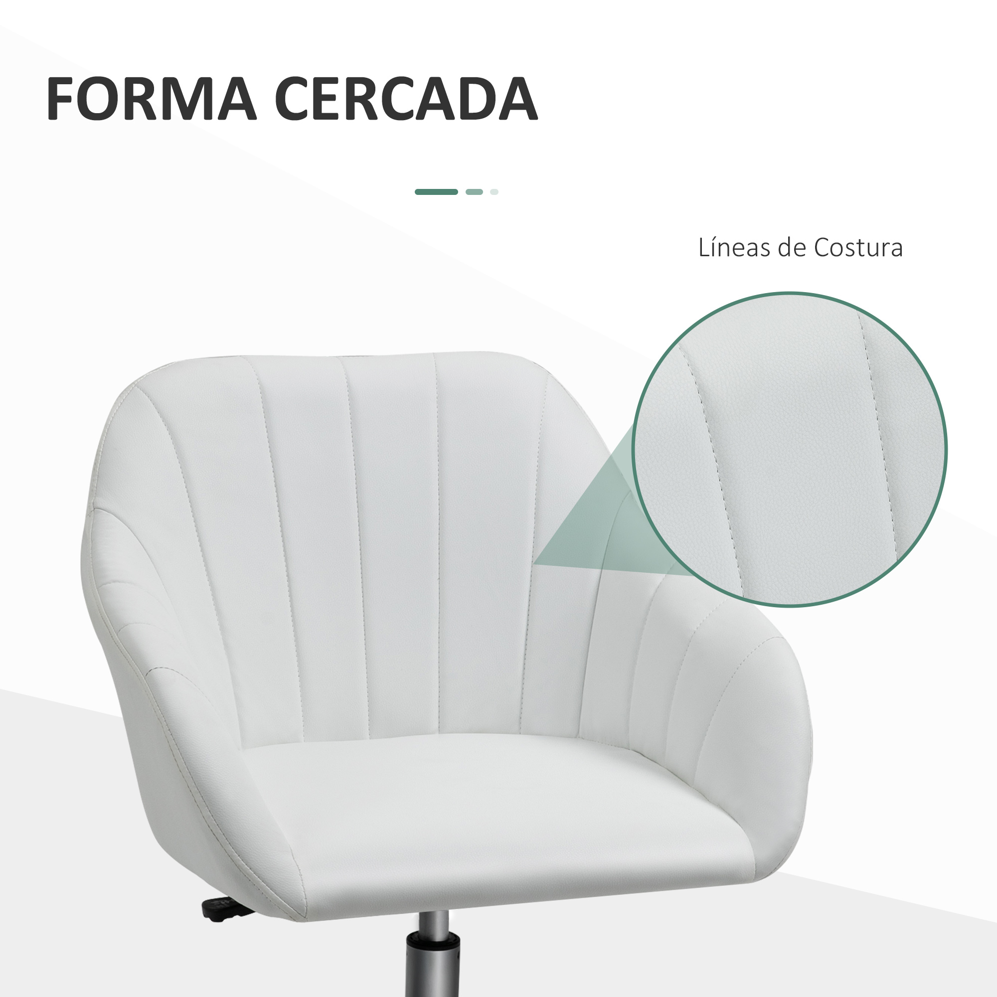 Primer plano de una silla blanca con diseño cosido en el respaldo. Se muestra el texto FORMA CERRADA.