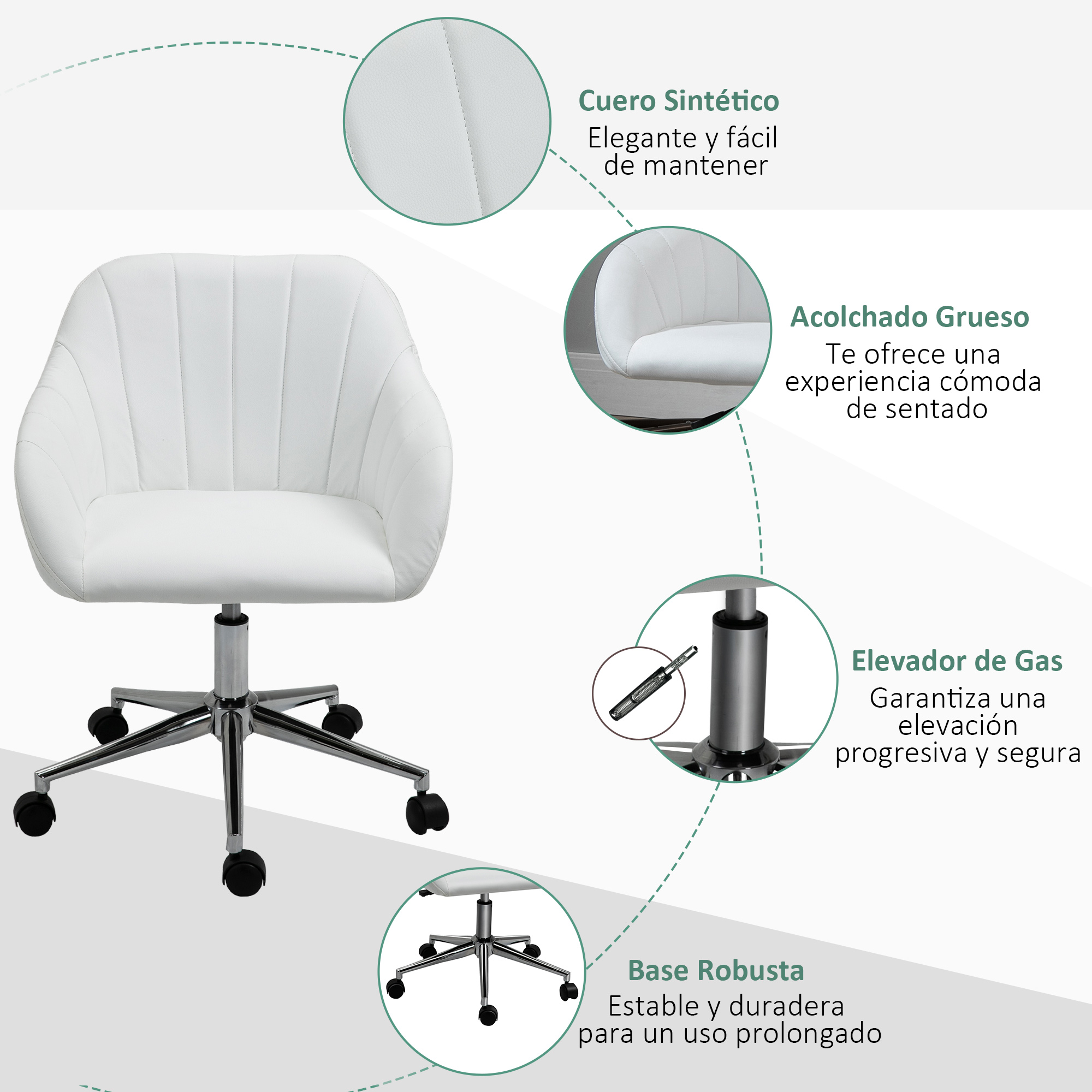 Silla de oficina blanca con cinco ruedas. Se muestran detalles del asiento y respaldo.