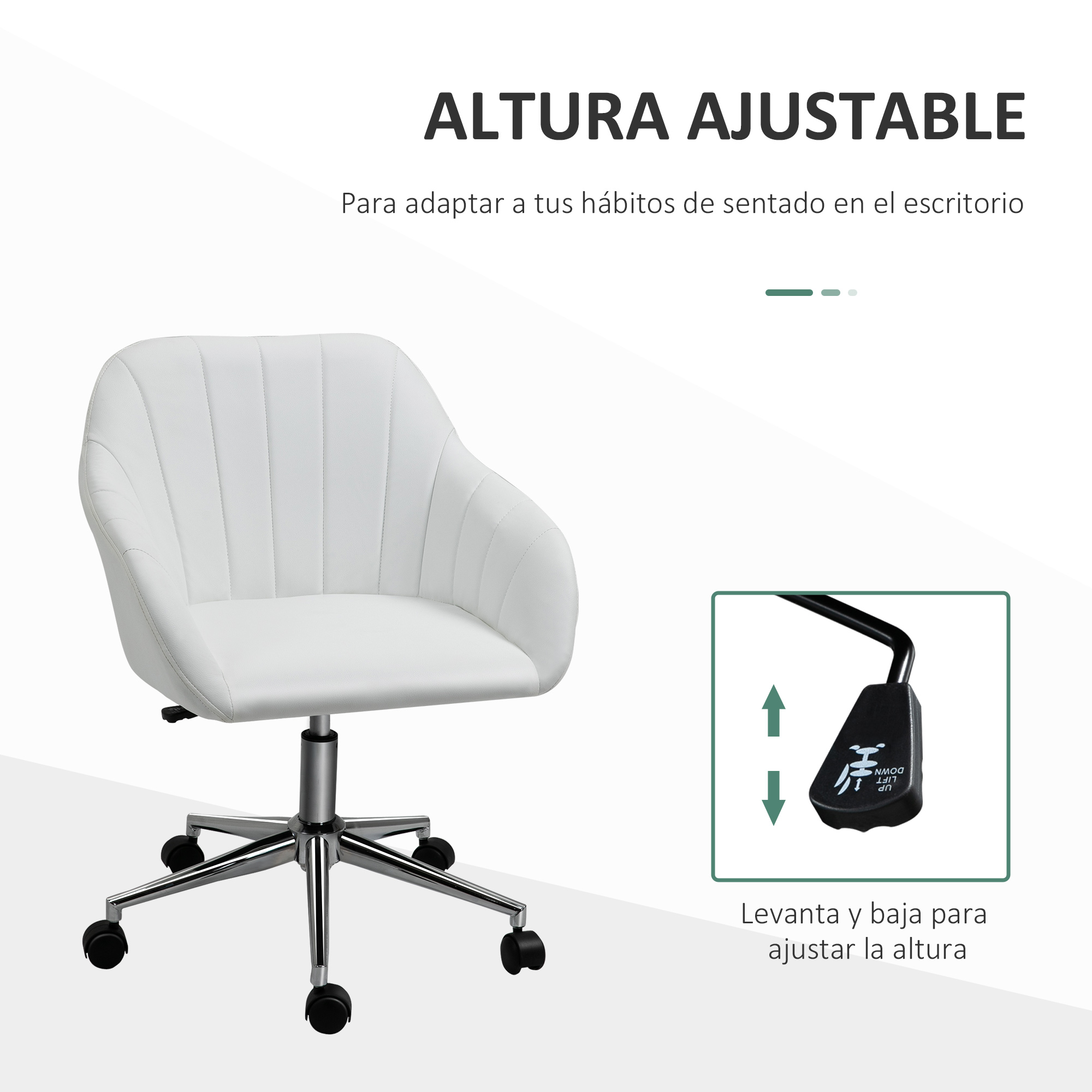 Silla de oficina blanca con respaldo blanco y base plateada. La silla es ajustable.