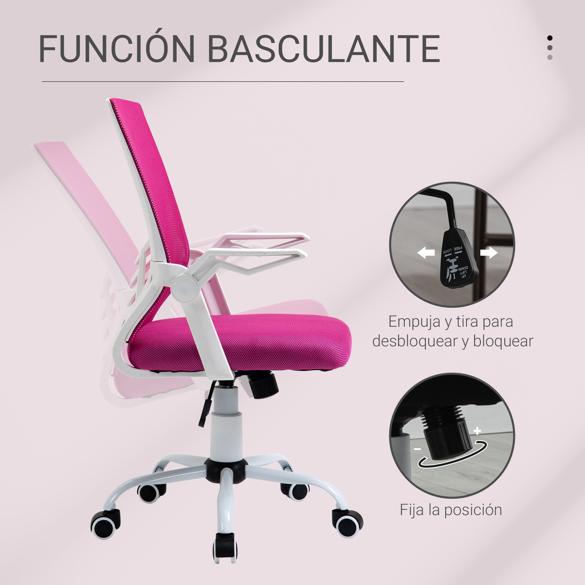Silla de oficina rosa con marco blanco, muestra función basculante y ajuste de posición.