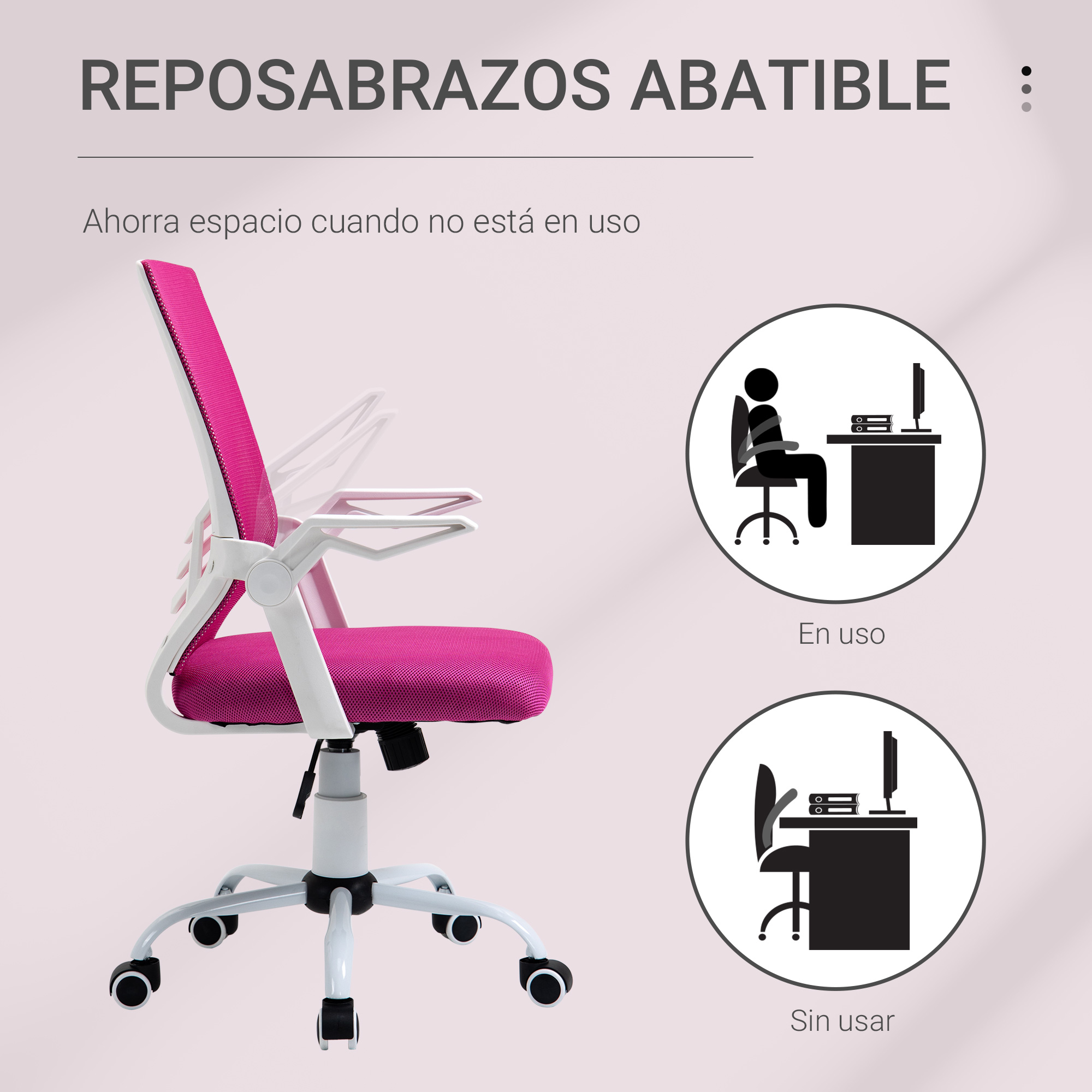 Silla de oficina rosa y blanca con reposabrazos ajustables. Dos diagramas muestran la silla plegada y en uso.